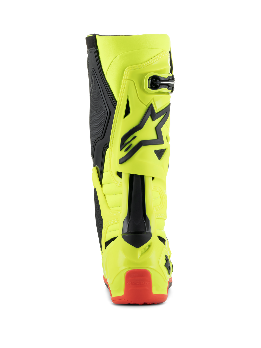 Stivali Alpinestars Tech 10, stivali da motocross, Giallo Fluo Nero Rosso Fluo, vista posteriore che mostra la scocca giallo fluorescente con dettagli neri e protezione del tallone rossa, calzature professionali per corse fuoristrada