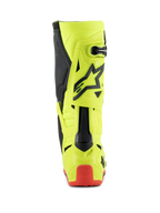 Stivali Alpinestars Tech 10, stivali da motocross, Giallo Fluo Nero Rosso Fluo, vista posteriore che mostra la scocca giallo fluorescente con dettagli neri e protezione del tallone rossa, calzature professionali per corse fuoristrada