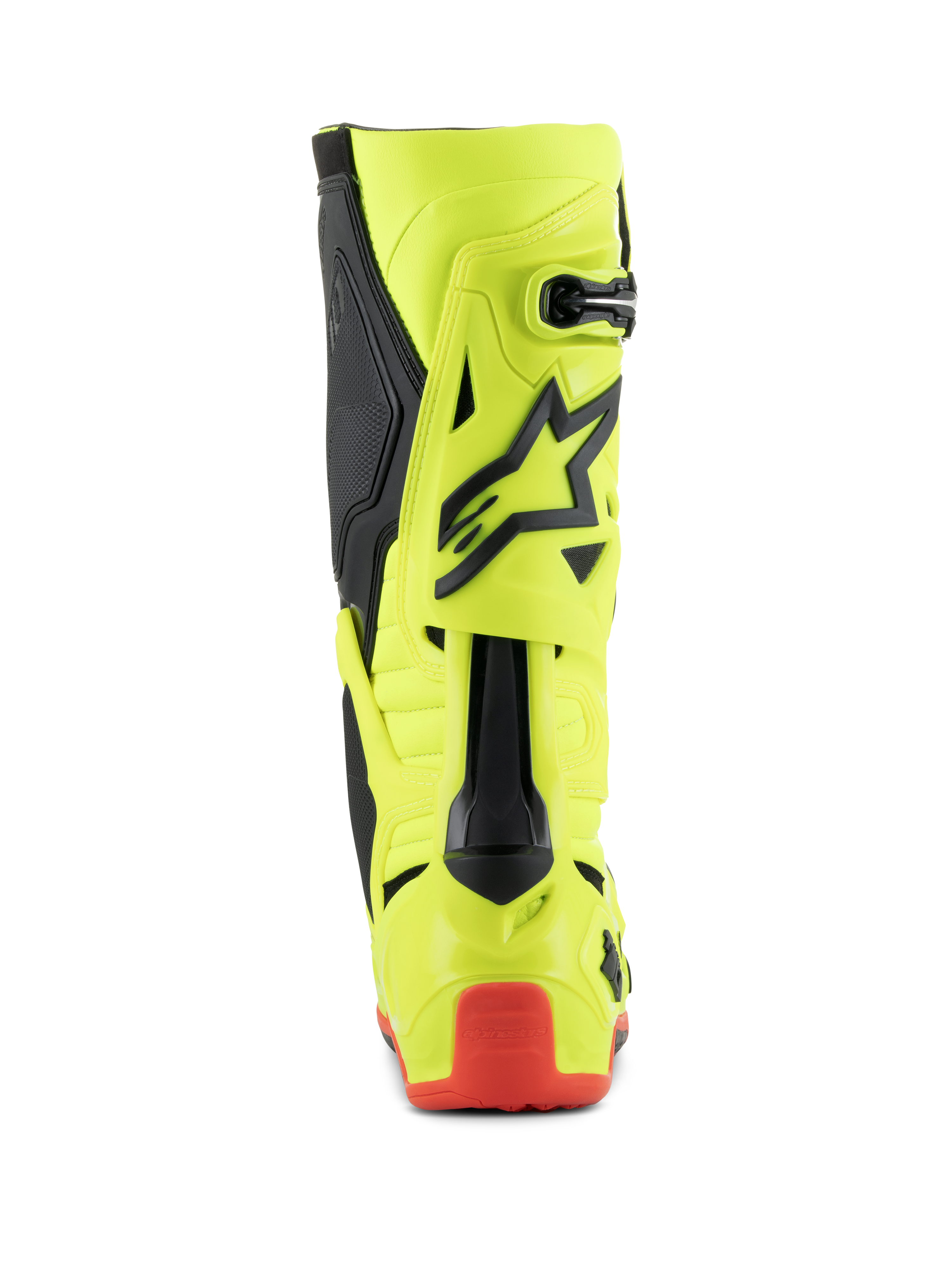 Stivali Alpinestars Tech 10, stivali da motocross, Giallo Fluo Nero Rosso Fluo, vista posteriore che mostra la scocca giallo fluorescente con dettagli neri e protezione del tallone rossa, calzature professionali per corse fuoristrada