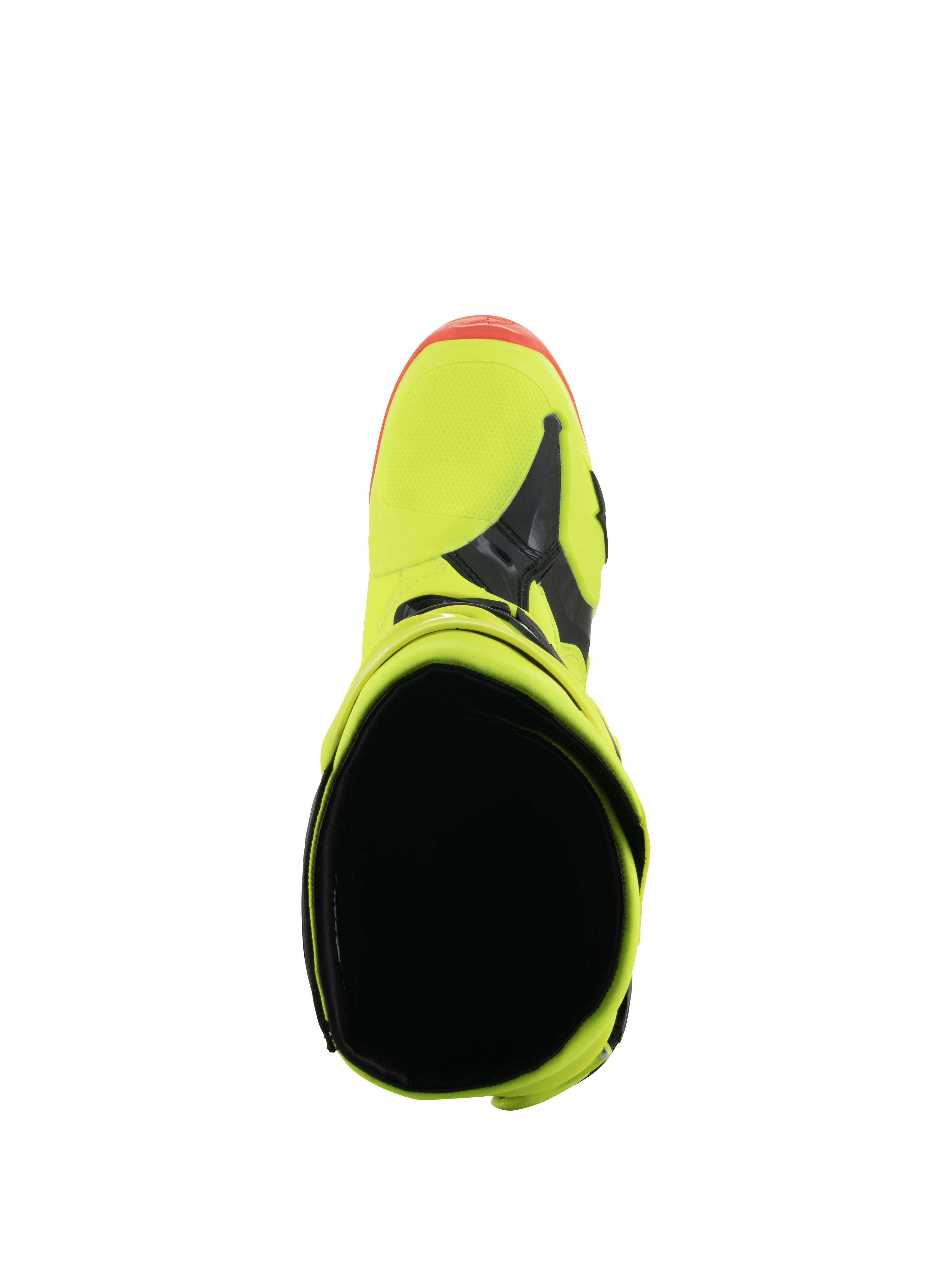 Stivali Alpinestars Tech 10, stivali da motocross, giallo fluo, nero e rosso fluo, vista dall'alto che mostra l'apertura interna e la punta, colori neon vivaci con dettagli neri, calzature professionali per corse fuoristrada