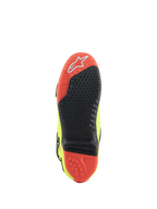 Stivali Alpinestars Tech 10, stivali da motocross, giallo fluo nero rosso fluo, vista della suola con materiale a doppia mescola rosso e nero, inserto centrale sostituibile e alette di trazione per prestazioni fuoristrada