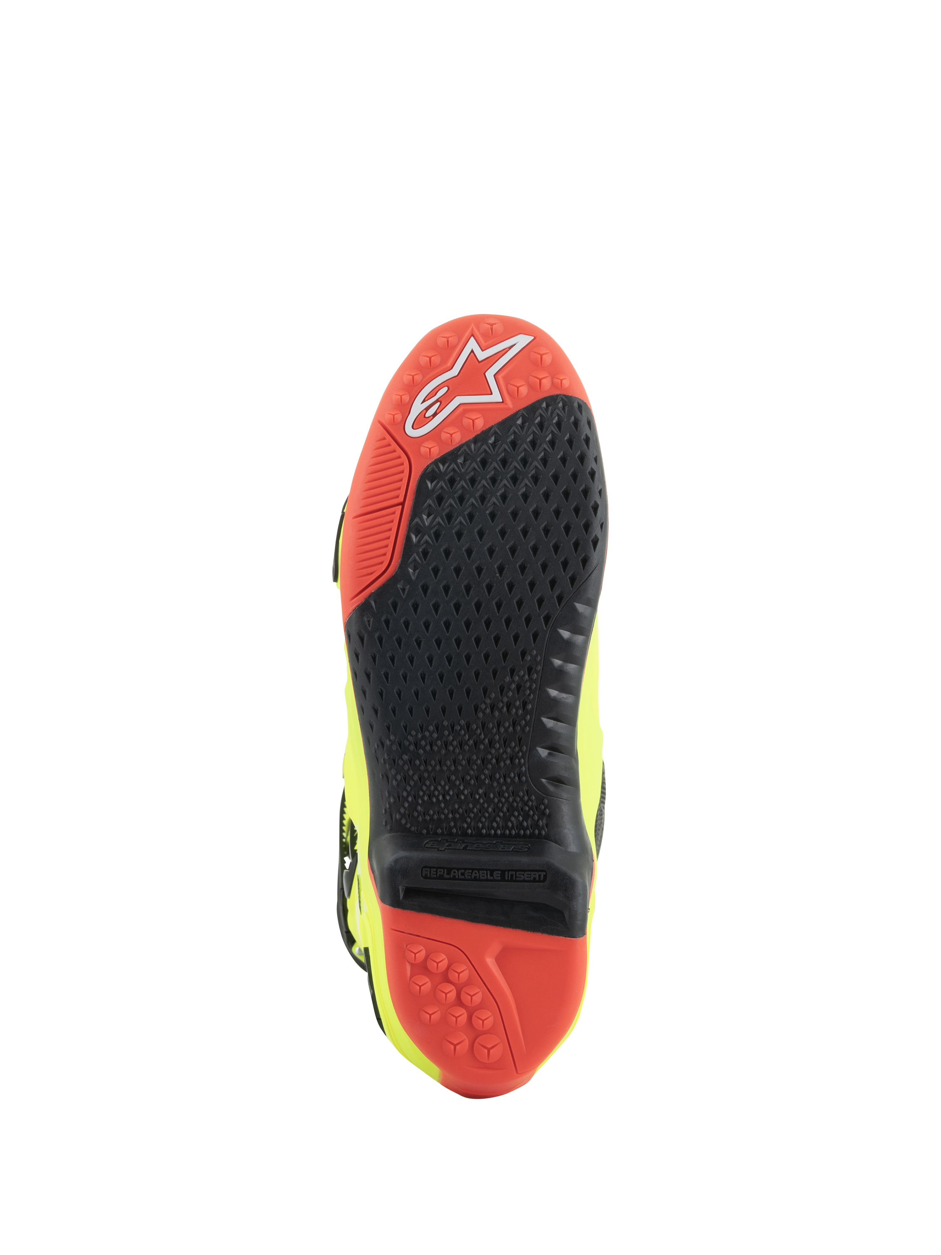 Stivali Alpinestars Tech 10, stivali da motocross, giallo fluo nero rosso fluo, vista della suola con materiale a doppia mescola rosso e nero, inserto centrale sostituibile e alette di trazione per prestazioni fuoristrada