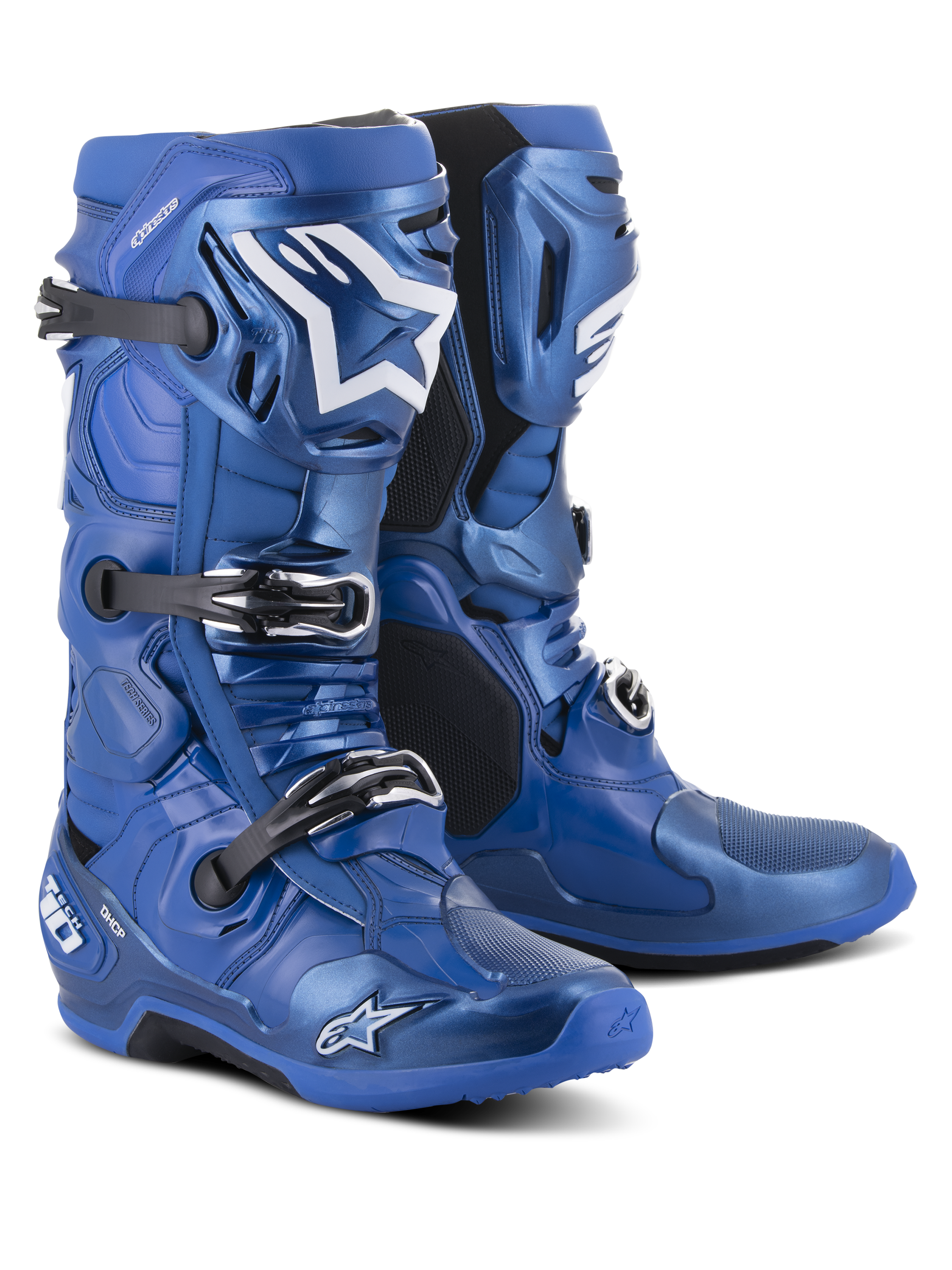 Stivali Alpinestars Tech 10, stivali da motocross, blu e nero, con sistema di chiusura a tripla fibbia, logo a stella Alpinestars bianco sullo stinco, robusta calotta in TPU e suola rinforzata per prestazioni off-road