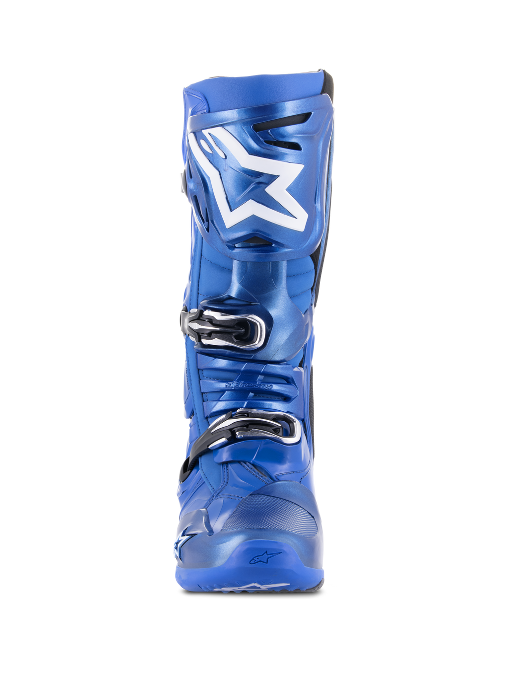 Stivali da motocross Alpinestars Tech 10, blu e nero, vista frontale, logo Astars bianco sulla placca tibiale, sistema di chiusura a tripla fibbia nero e argento, robusta struttura in TPU per prestazioni off-road