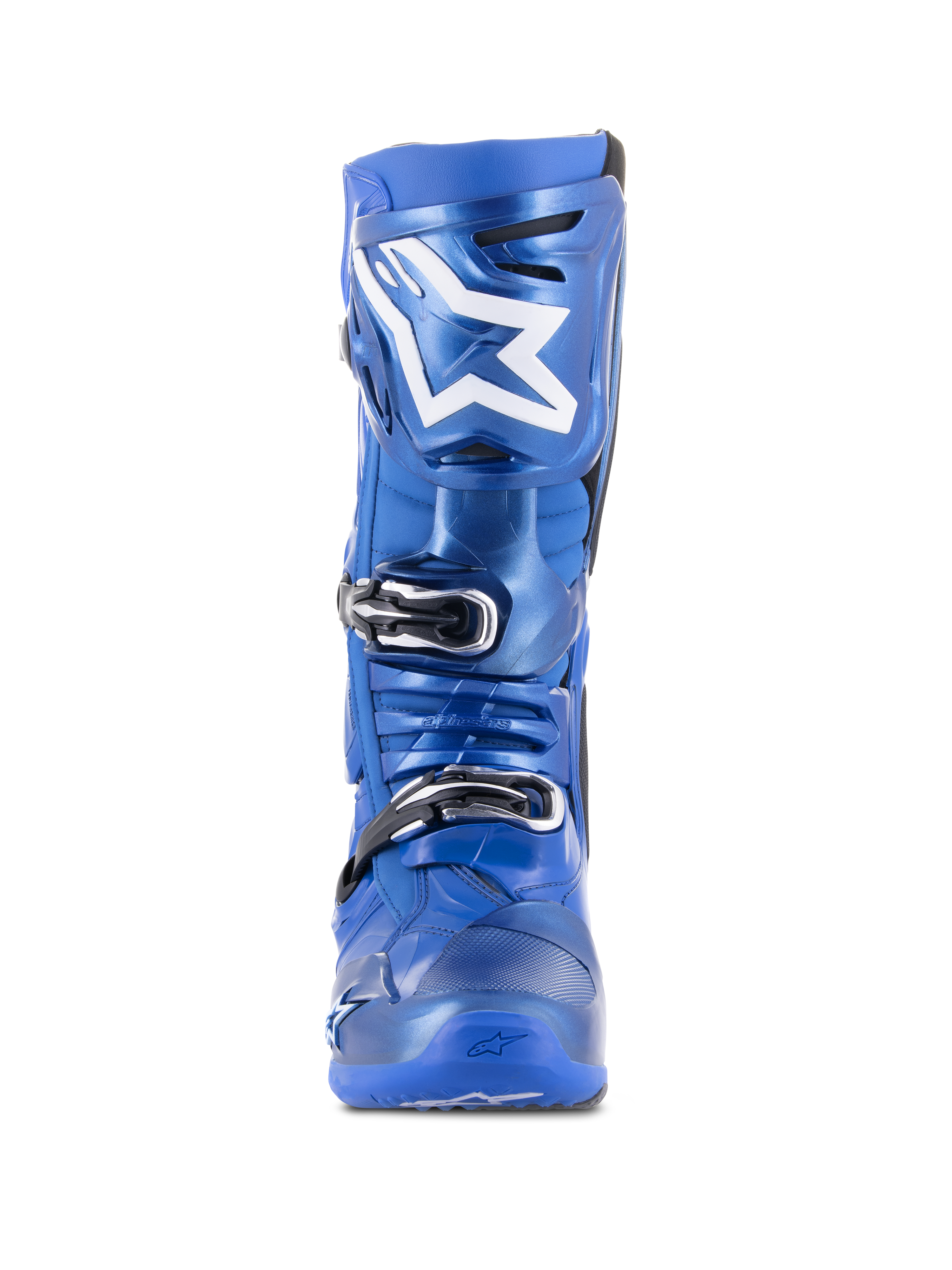 Stivali da motocross Alpinestars Tech 10, blu e nero, vista frontale, logo Astars bianco sulla placca tibiale, sistema di chiusura a tripla fibbia nero e argento, robusta struttura in TPU per prestazioni off-road