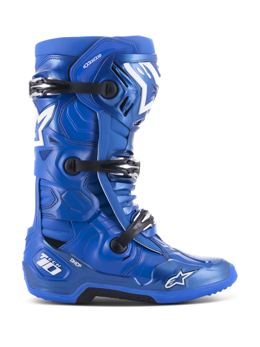 Stivali da motocross Alpinestars Tech 10, blu con accenti bianchi e neri, profilo laterale, sistema di chiusura a tre fibbie, protezione per il tallone DHCP, logo a stella e marchio Tech 10, suola robusta ad alta aderenza, attrezzatura professionale per corse fuoristrada