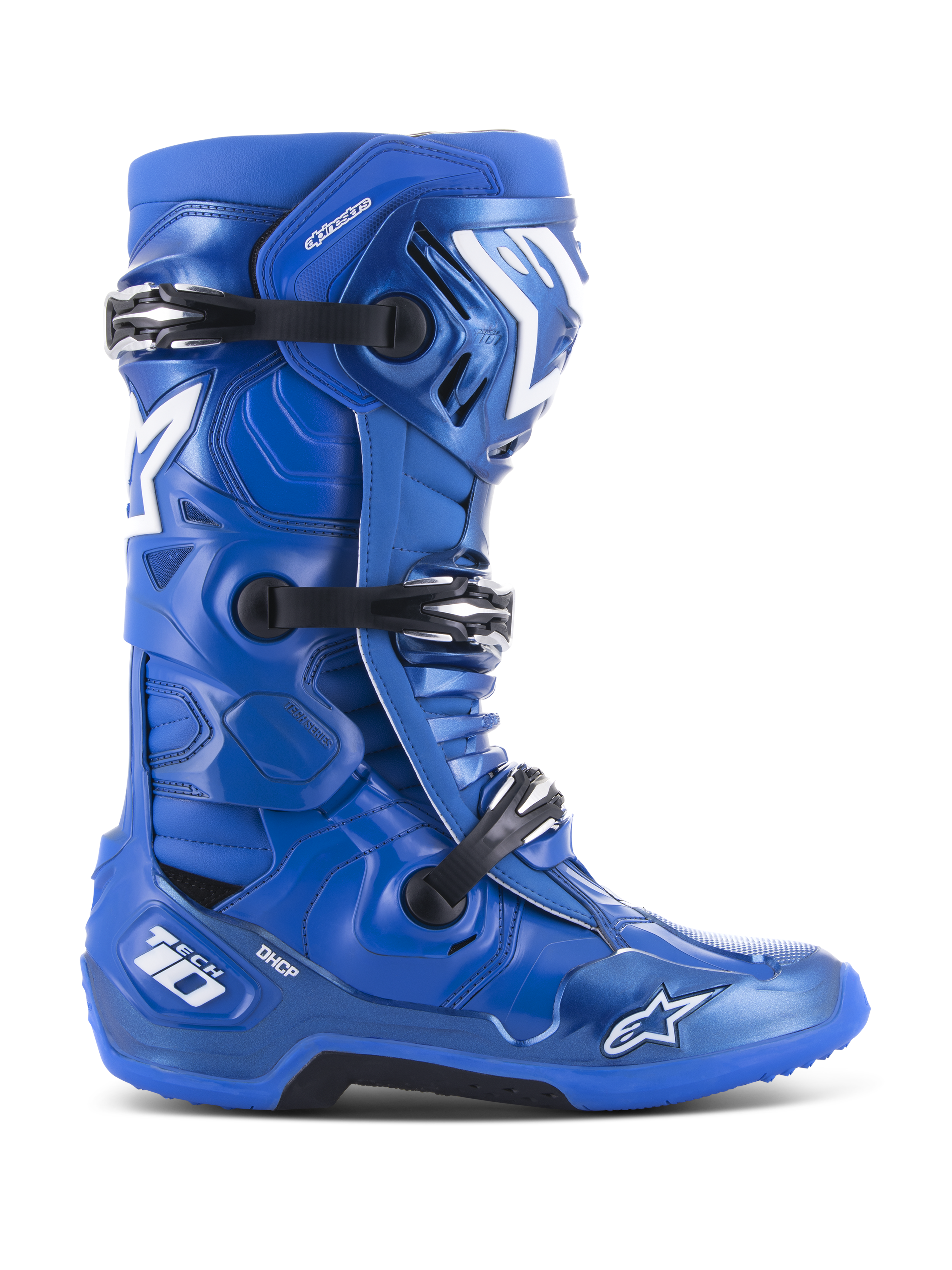 Stivali da motocross Alpinestars Tech 10, blu con accenti bianchi e neri, profilo laterale, sistema di chiusura a tre fibbie, protezione per il tallone DHCP, logo a stella e marchio Tech 10, suola robusta ad alta aderenza, attrezzatura professionale per corse fuoristrada