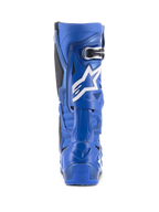 Stivali Alpinestars Tech 10, blu e nero, vista posteriore con logo a stella bianco e dettaglio della fibbia, calzatura da motocross ad alte prestazioni per il fuoristrada