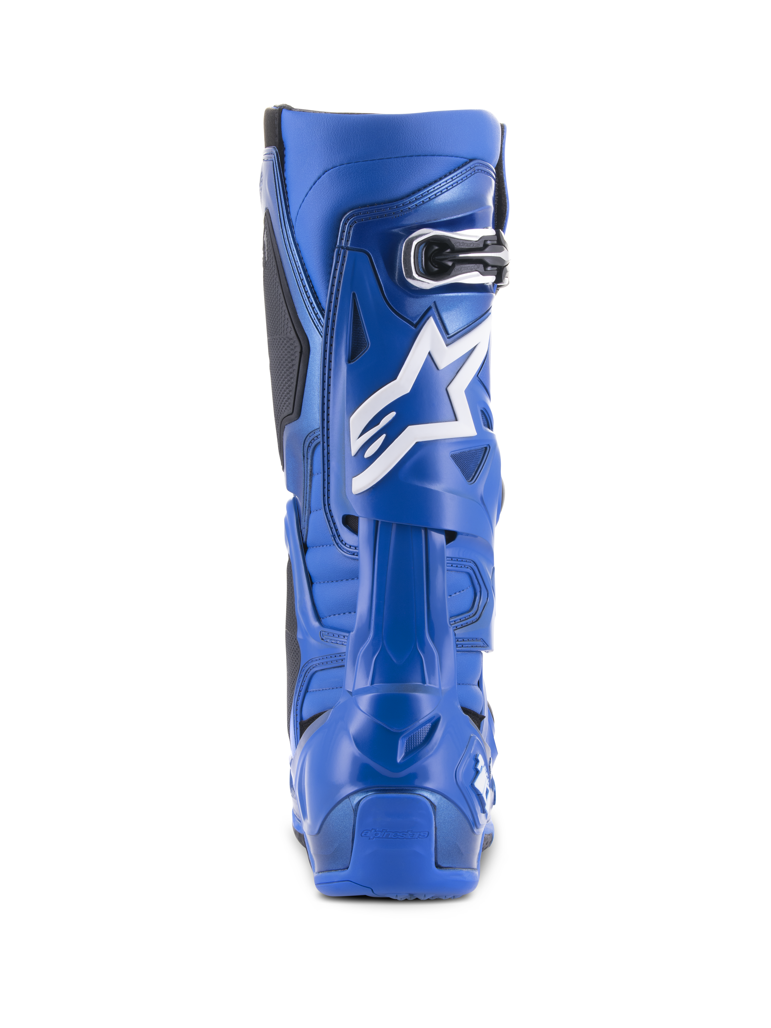 Stivali Alpinestars Tech 10, blu e nero, vista posteriore con logo a stella bianco e dettaglio della fibbia, calzatura da motocross ad alte prestazioni per il fuoristrada