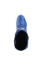 Stivali Alpinestars Tech 10, stivali da motocross, blu e nero, vista dall'alto dell'imbottitura interna e dell'apertura del polpaccio, che mostra il design aerodinamico e il guscio protettivo in TPU