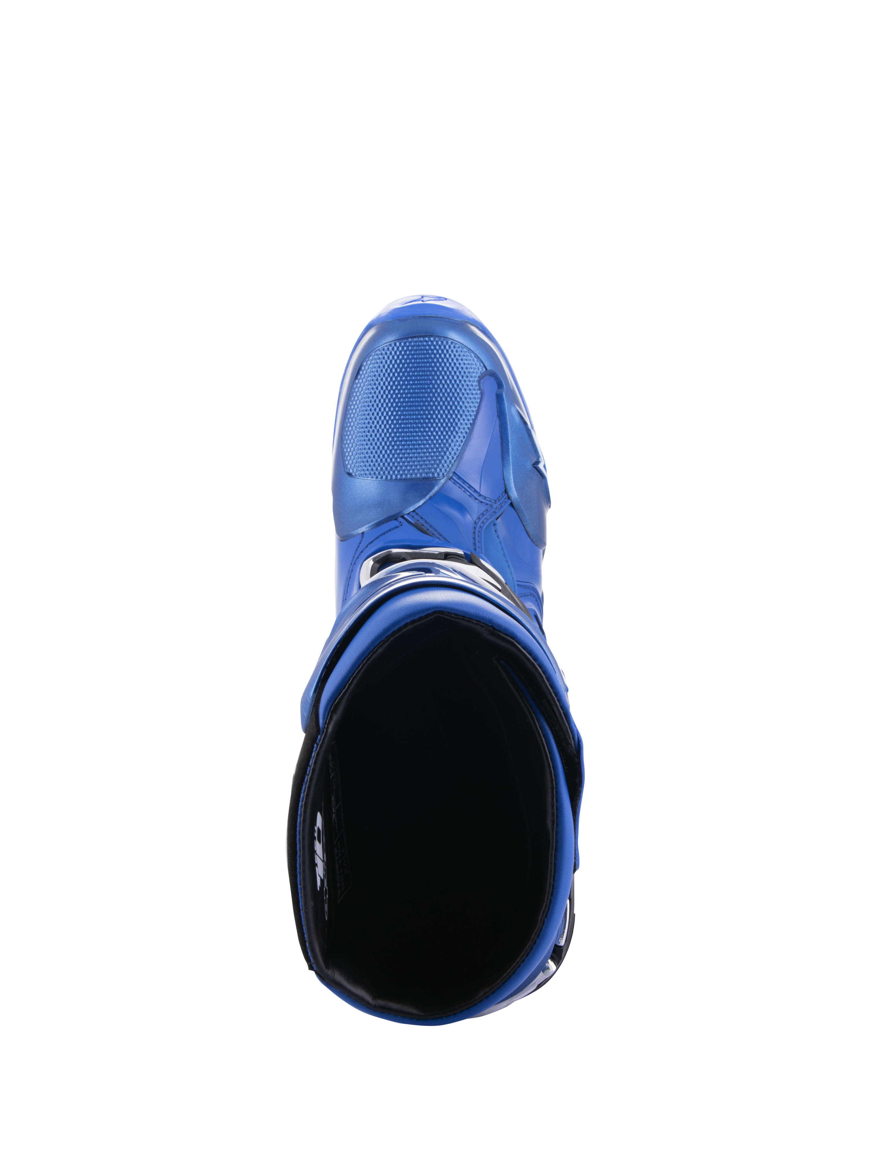 Stivali Alpinestars Tech 10, stivali da motocross, blu e nero, vista dall'alto dell'imbottitura interna e dell'apertura del polpaccio, che mostra il design aerodinamico e il guscio protettivo in TPU