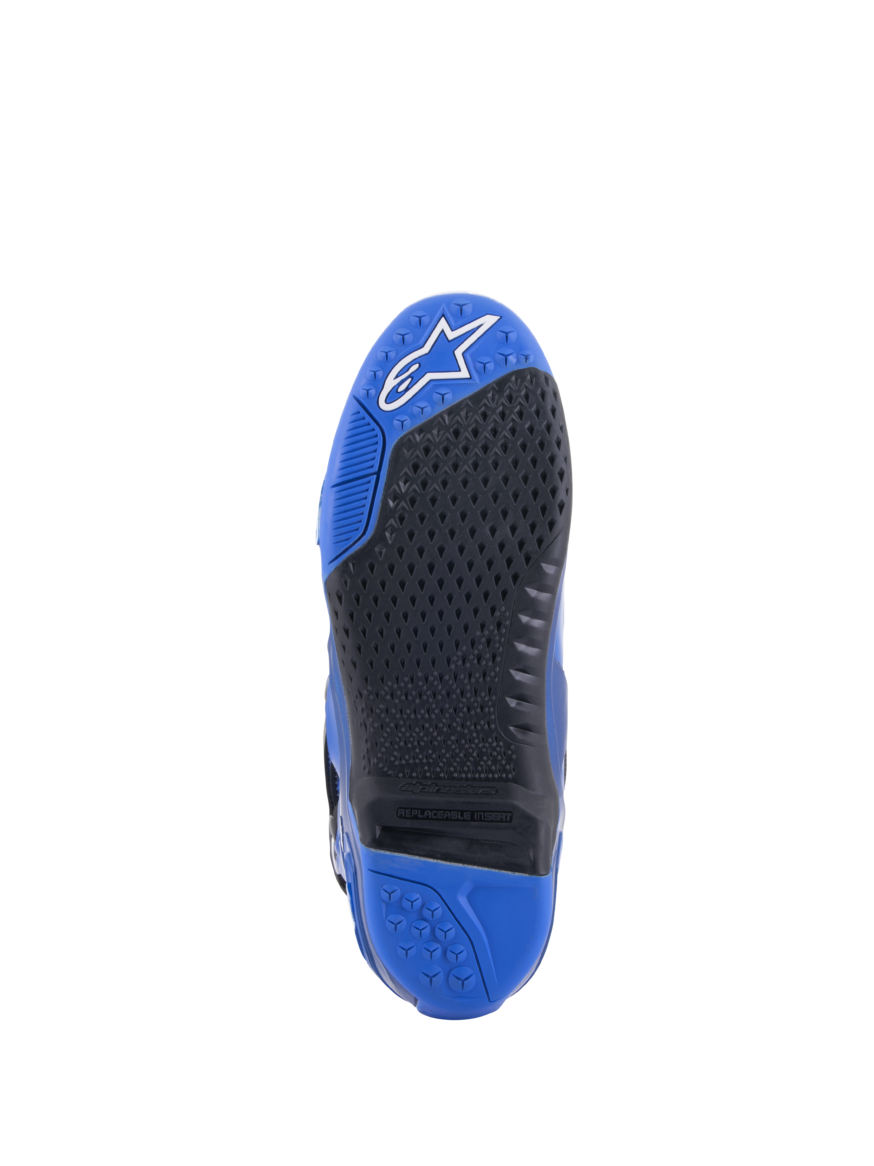 Stivali Alpinestars Tech 10, blu e nero, vista dettagliata della suola con trama grip nera testurizzata e inserto centrale sostituibile, punta blu con logo bianco e tallone blu, design per motocross ad alte prestazioni