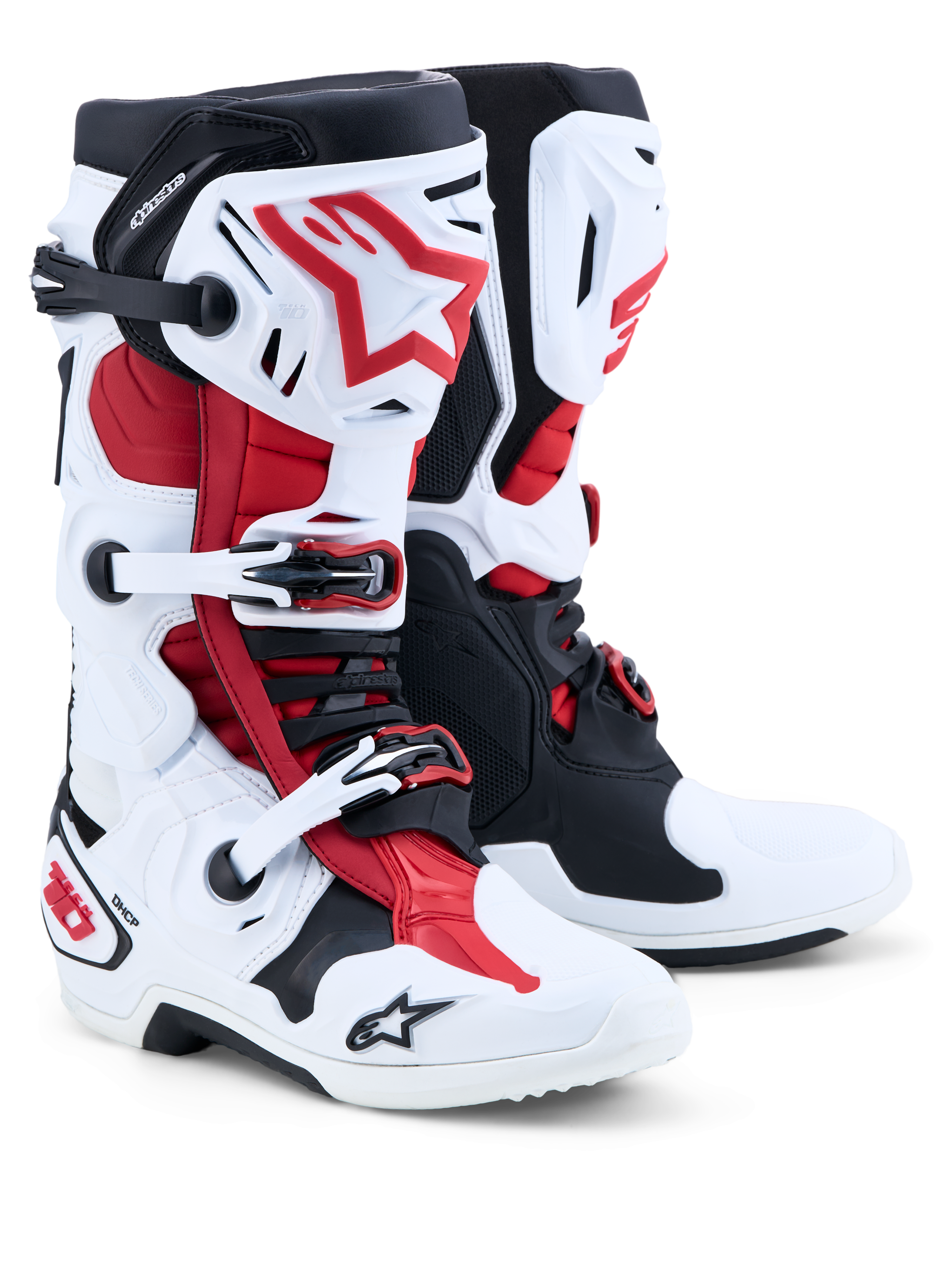 Alpinestars Stivali Tech-10, stivali da motocross per uomo, bianchi, neri e rossi, guscio in TPU, certificati CE