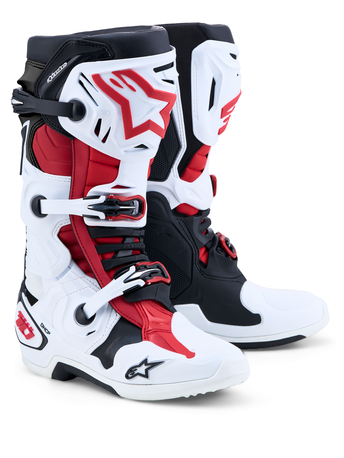 Alpinestars stivali Tech 10, stivali da motocross, bianco, nero e rosso acceso, vista del paio che evidenzia le piastre di protezione in TPU, il sistema di chiusura con fibbie e il supporto tallone DHCP.