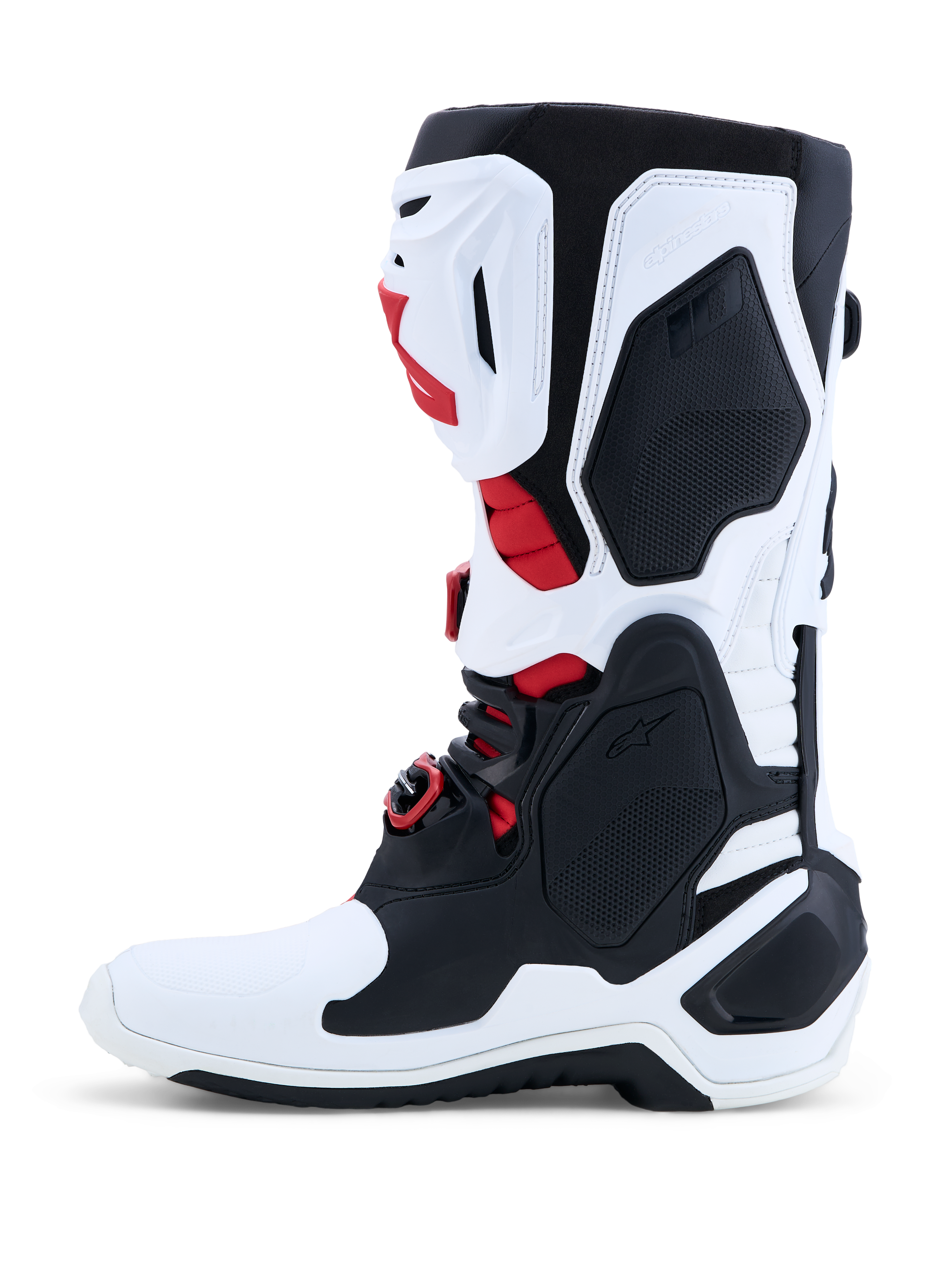 Alpinestars Stivali Tech-10, stivali da motocross bianchi e neri con rosso, guscio in TPU certificato CE.
