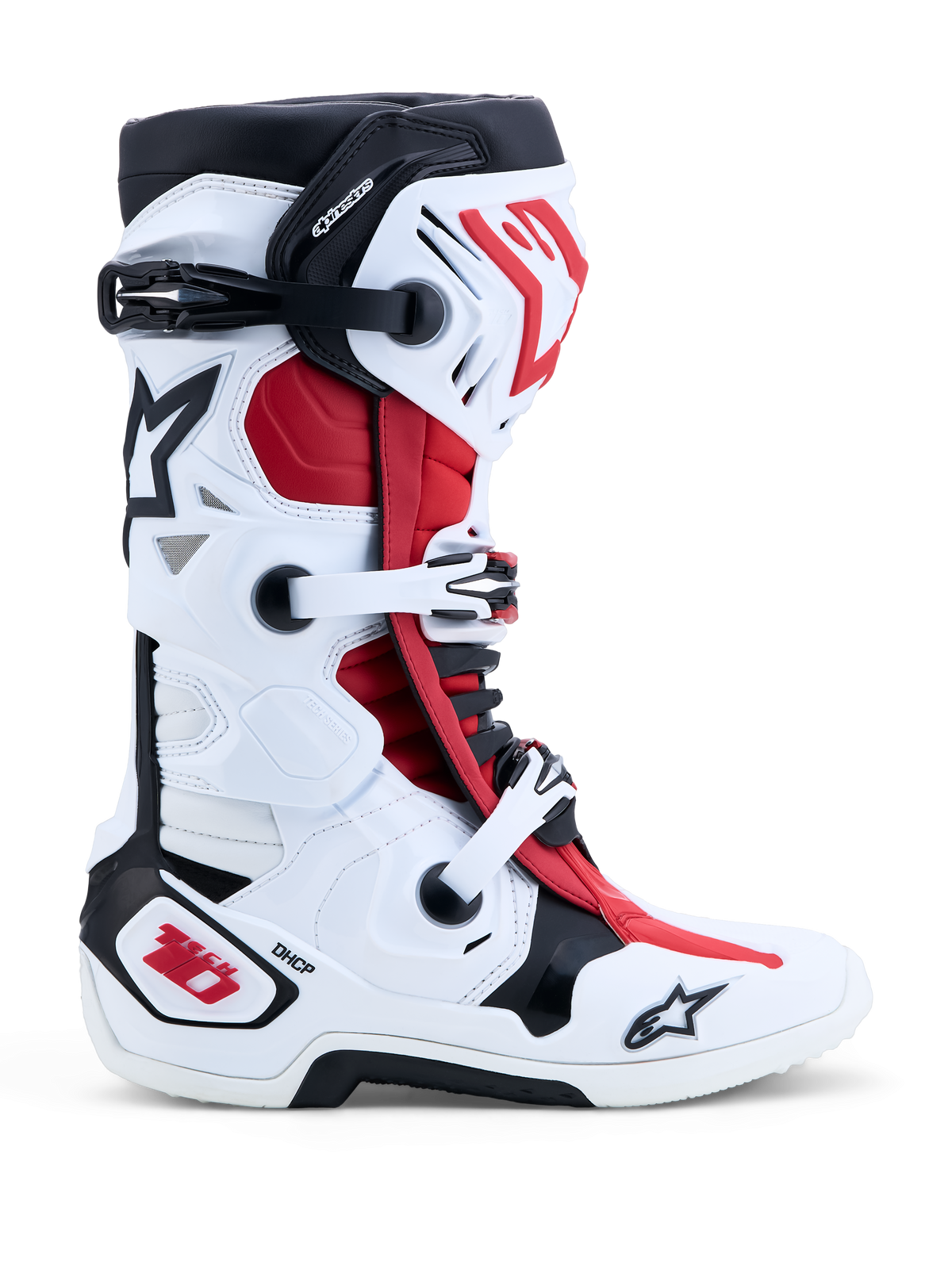 Alpinestars Stivali Tech-10, stivali da motocross da uomo, bianco, nero e rosso acceso, con protezione DHCP e sistema a doppio perno, certificati CE
