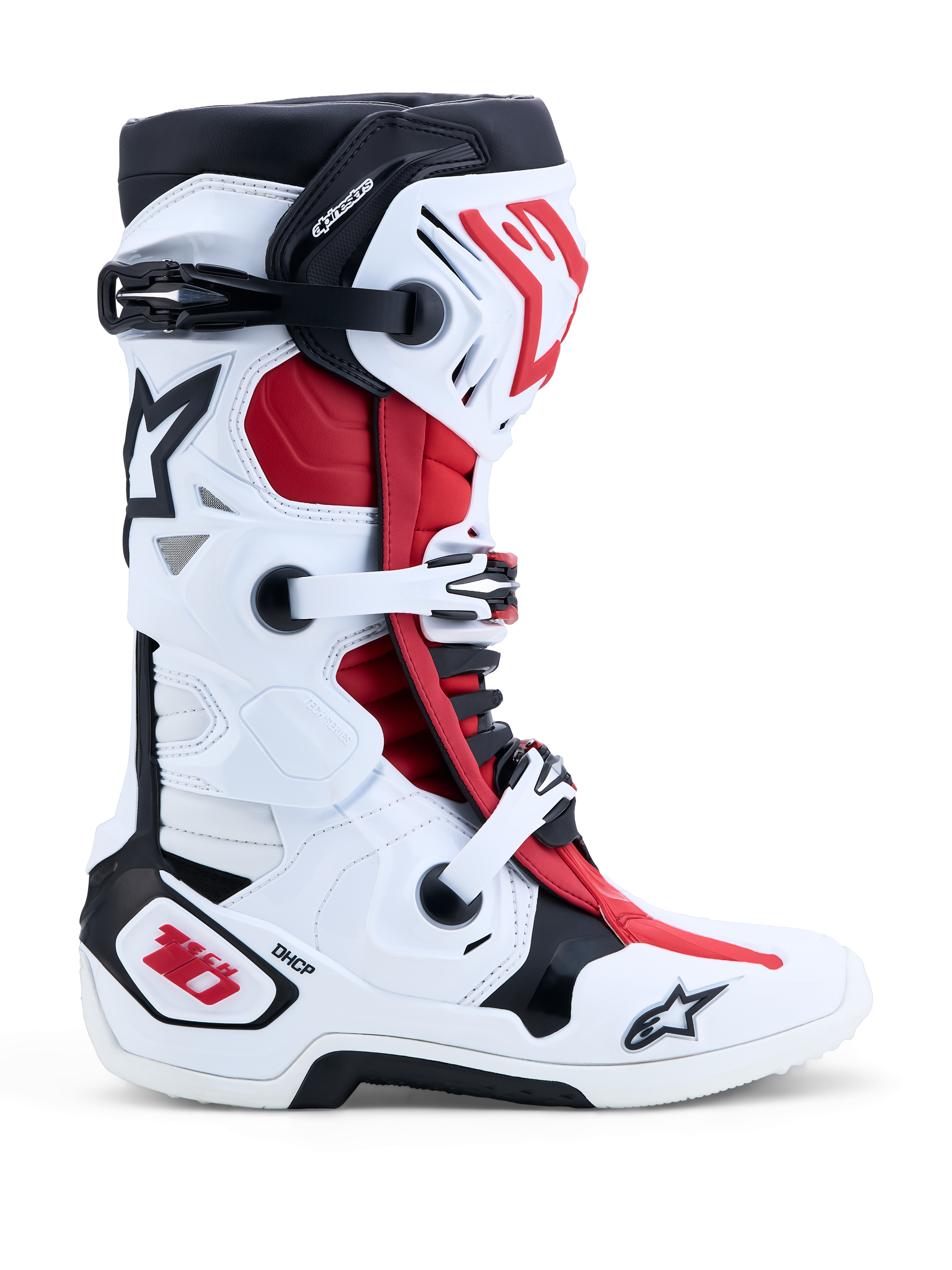 Alpinestars Stivali Tech-10, stivali da motocross da uomo, bianco, nero e rosso acceso, con protezione DHCP e sistema a doppio perno, certificati CE