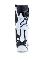 Alpinestars Stivali Tech 10, stivali da motocross e off-road racing, bianco e nero con dettagli rossi, vista posteriore con controllo della flessione a lama posteriore in TPU e protezione del tallone.