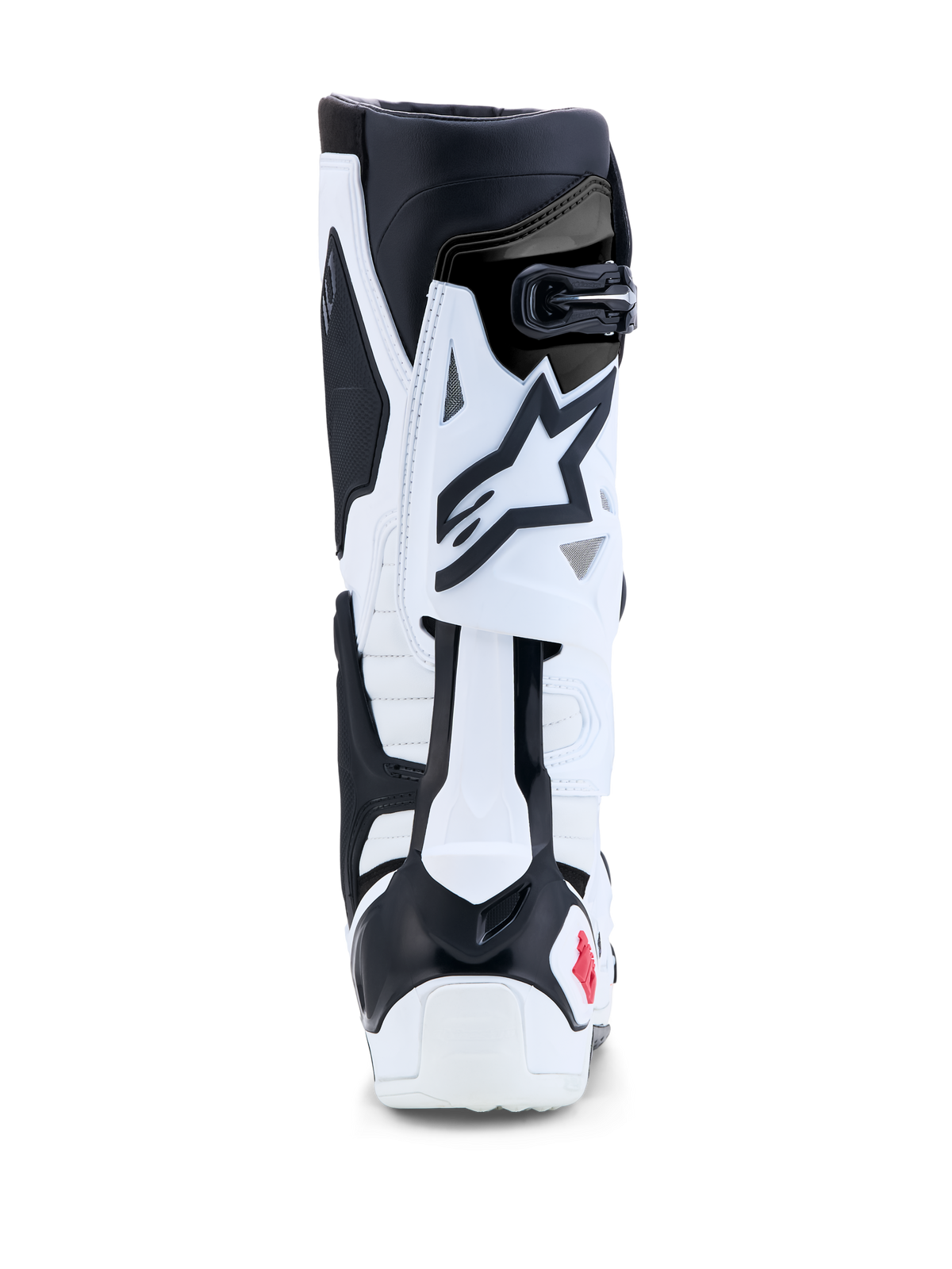 Alpinestars Stivali Tech 10, stivali da motocross e off-road racing, bianco e nero con dettagli rossi, vista posteriore con controllo della flessione a lama posteriore in TPU e protezione del tallone.