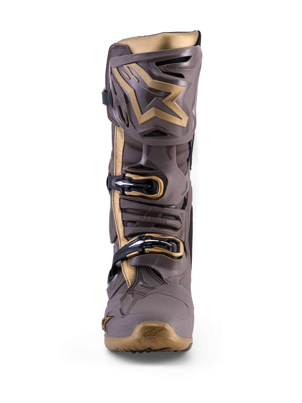 Stivale motocross Alpinestars Tech 10 Air Gold in Earth Brown Gold, con protezioni in TPU e dettagli oro metallizzato.