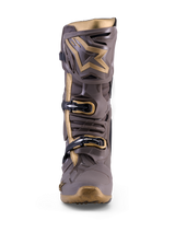 Stivale motocross Alpinestars Tech 10 Air Gold in Earth Brown Gold, con protezioni in TPU e dettagli oro metallizzato.