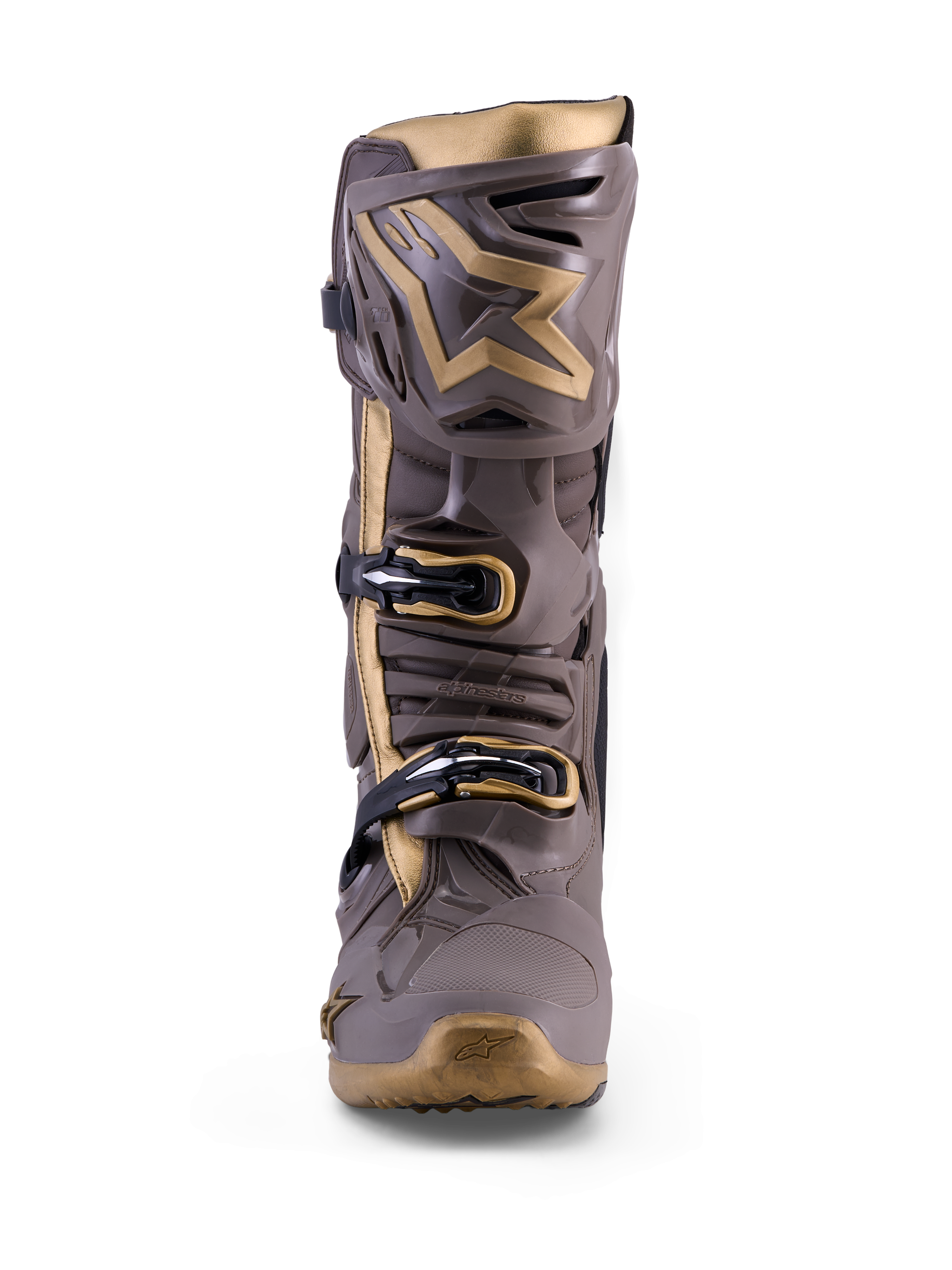 Stivale motocross Alpinestars Tech 10 Air Gold in Earth Brown Gold, con protezioni in TPU e dettagli oro metallizzato.