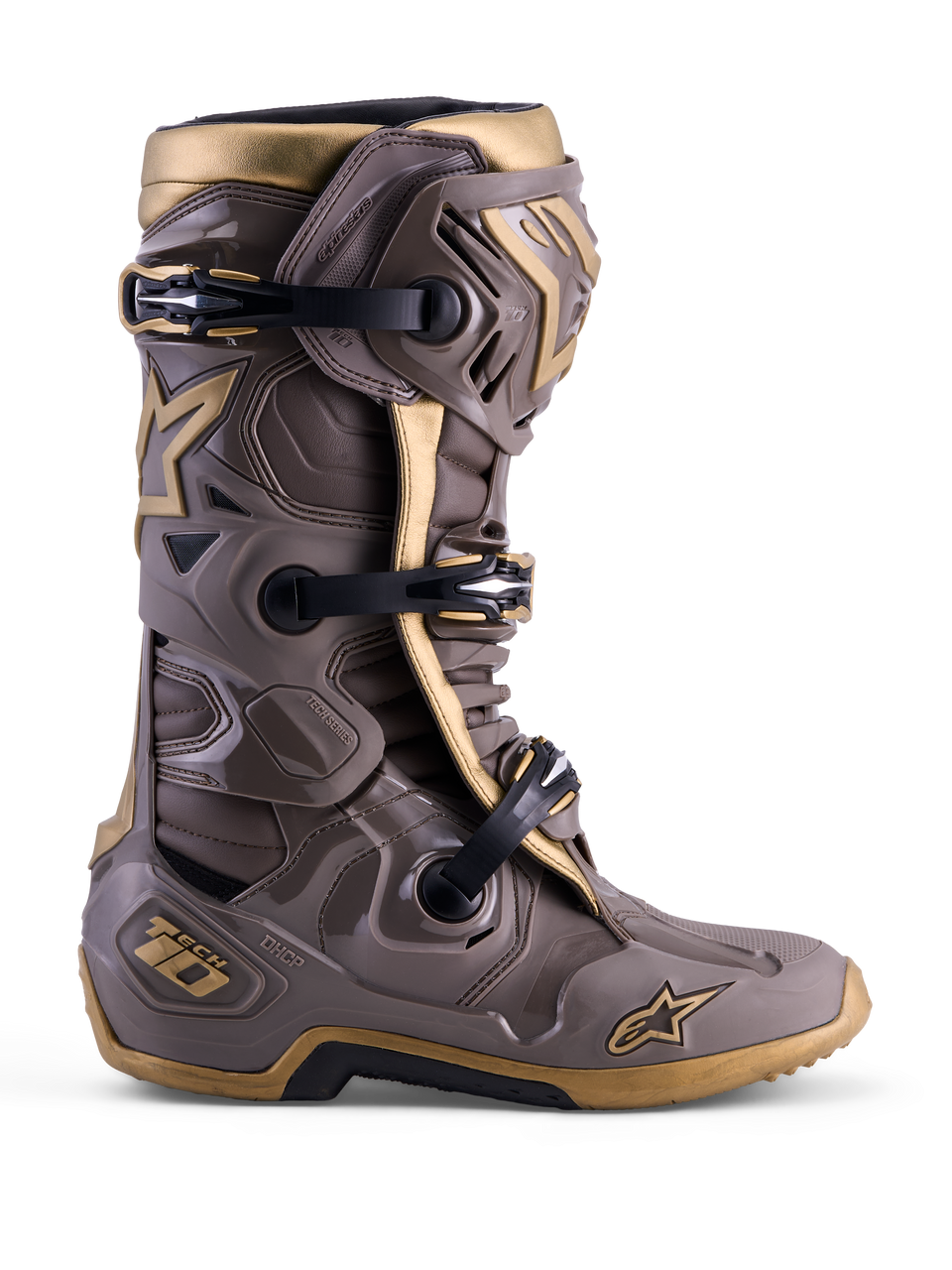 Stivale Alpinestars Tech 10 Air Gold Edizione Limitata, motocross Earth Brown Gold con guscio protettivo in TPU.
