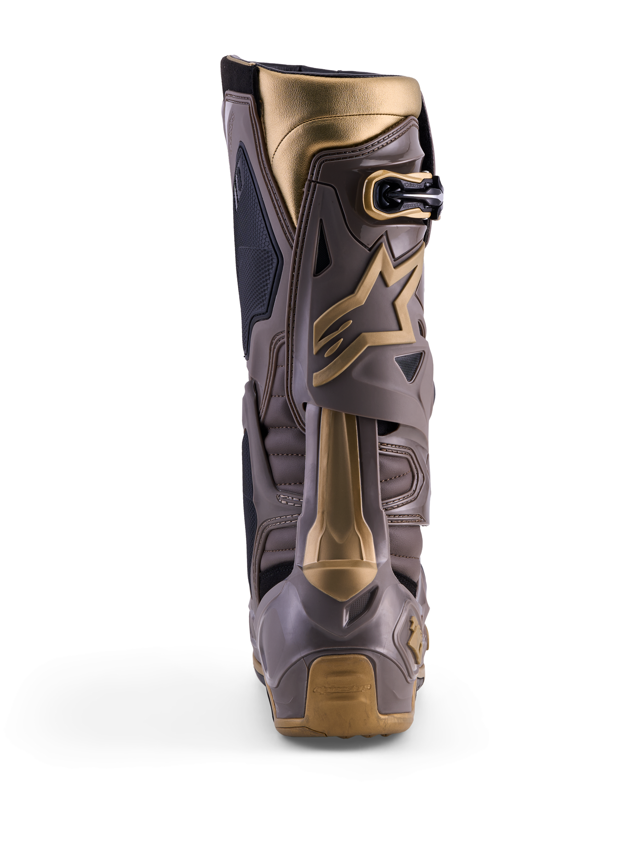 Alpinestars Tech 10 Air Gold, stivali motocross vista posteriore Earth Brown Gold con guscio in TPU e dettagli dorati.