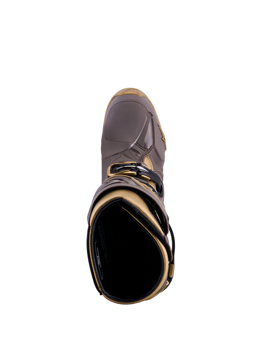 Stivali Alpinestars Tech 10 Air Gold, Earth Brown Gold, vista dall'alto con guscio in TPU e rivestimento interno.