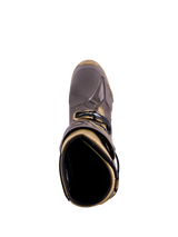 Stivali Alpinestars Tech 10 Air Gold, Earth Brown Gold, vista dall'alto con guscio in TPU e rivestimento interno.