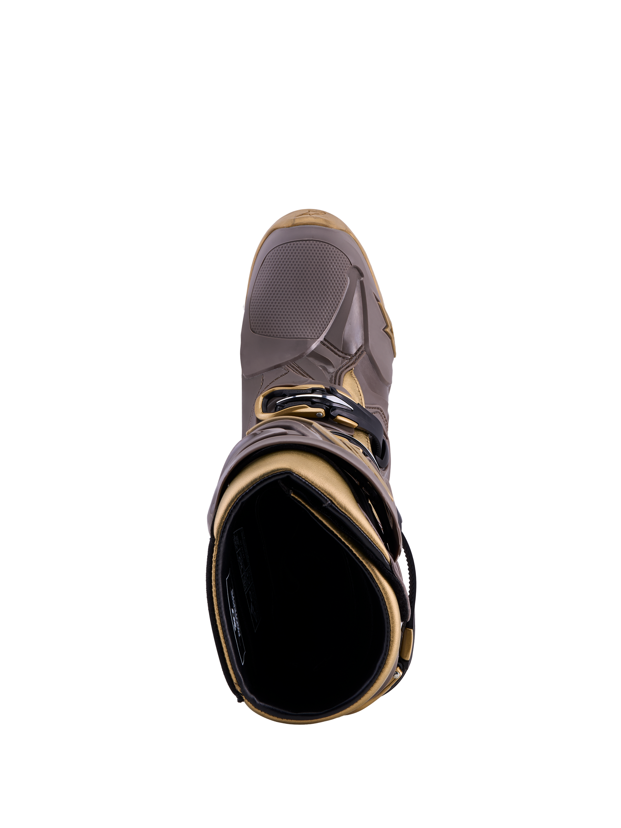 Stivali Alpinestars Tech 10 Air Gold, Earth Brown Gold, vista dall'alto con guscio in TPU e rivestimento interno.