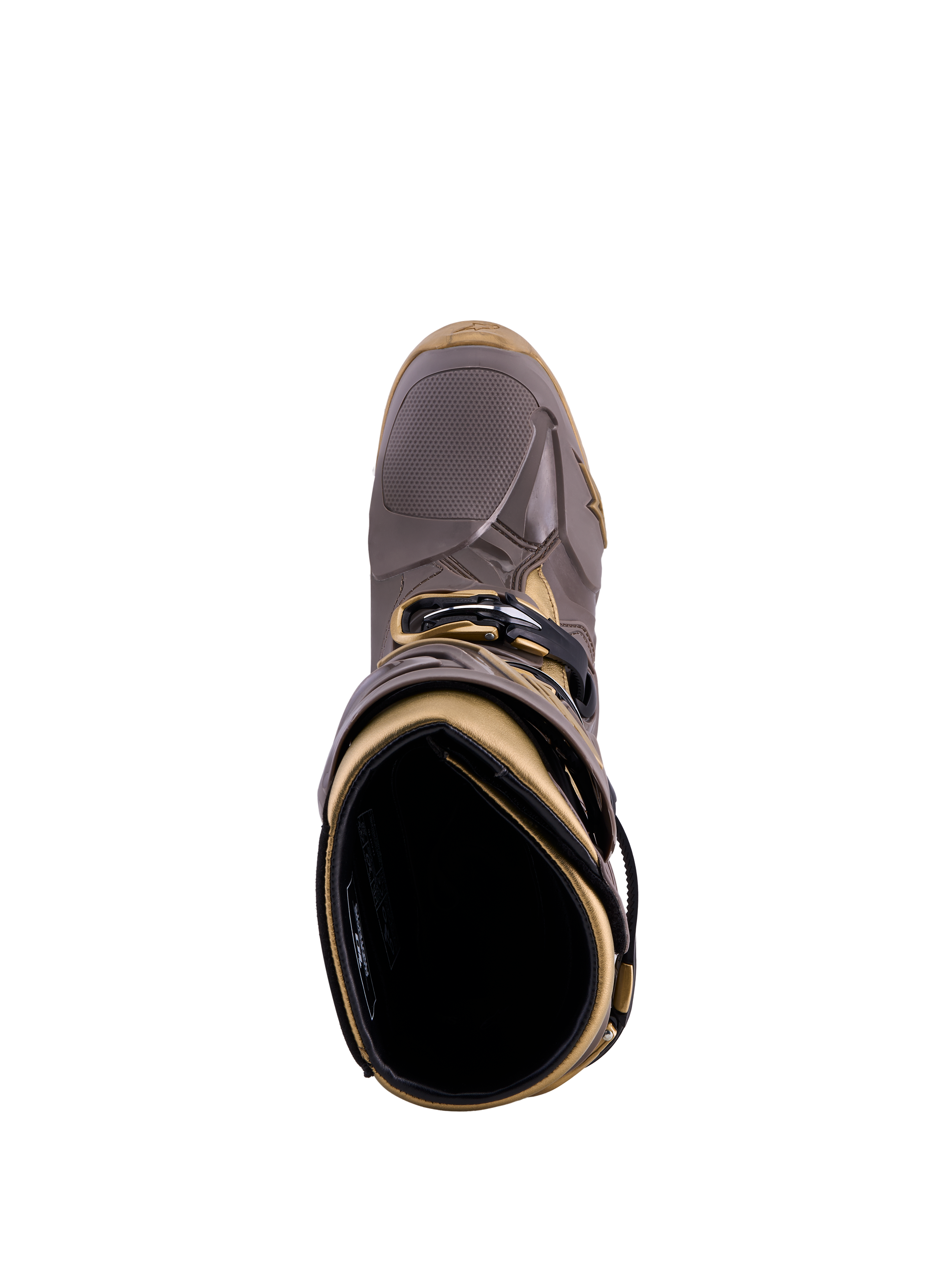 Stivali Alpinestars Tech 10 Air Gold, Earth Brown Gold, vista dall'alto con guscio in TPU e rivestimento interno.