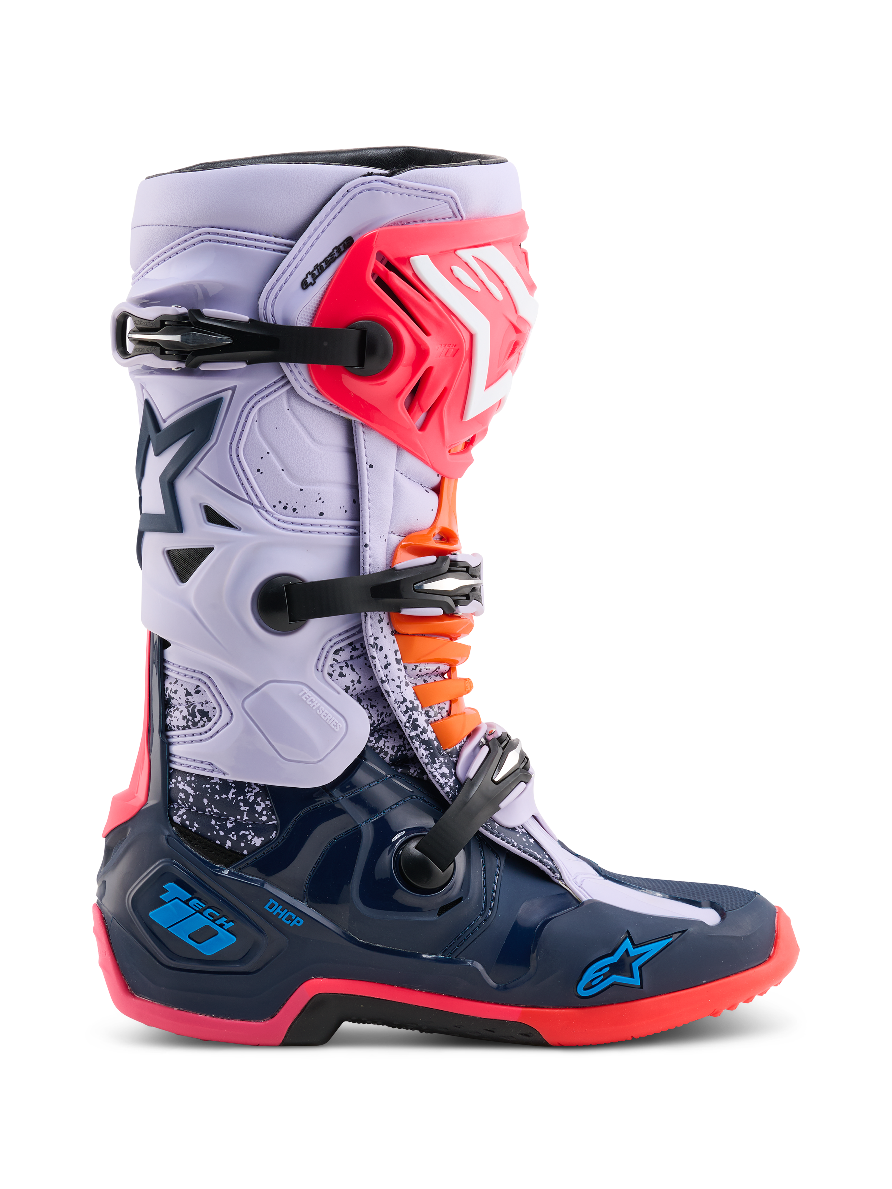 Alpinestars Limited Edition Tech 10 Records Boots, stivali da motocross, multicolore con tomaia viola chiaro e guscio inferiore blu navy, accenti rosa e arancione, sistema a tripla fibbia, calzatura protettiva ad alte prestazioni per la guida fuoristrada
