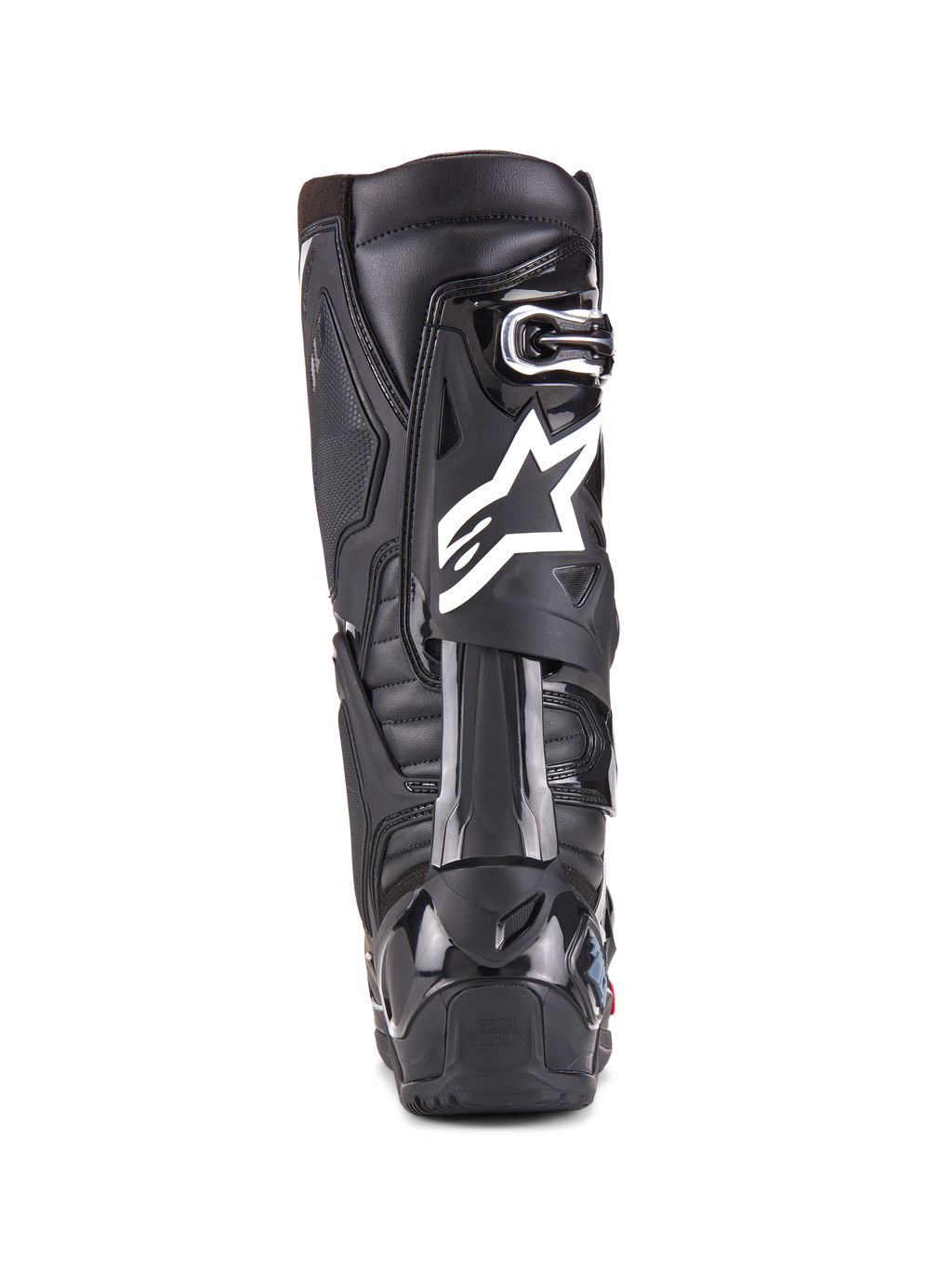 Stivali Alpinestars Tech 10 Enduro, nero, vista posteriore di un singolo stivale che mostra il logo Alpinestars bianco, protezione del tallone in TPU resistente e design della suola enduro robusta per gare fuoristrada
