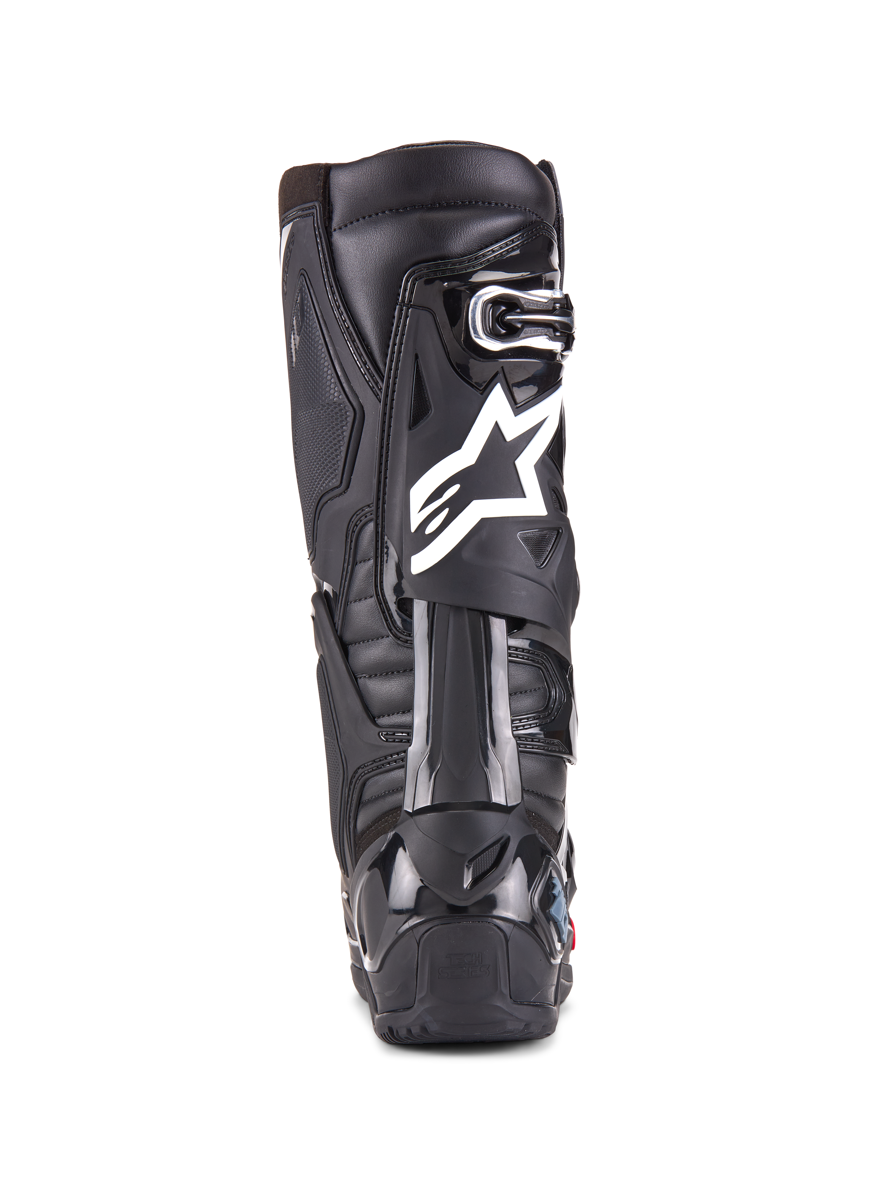 Stivali Alpinestars Tech 10 Enduro, nero, vista posteriore di un singolo stivale che mostra il logo Alpinestars bianco, protezione del tallone in TPU resistente e design della suola enduro robusta per gare fuoristrada