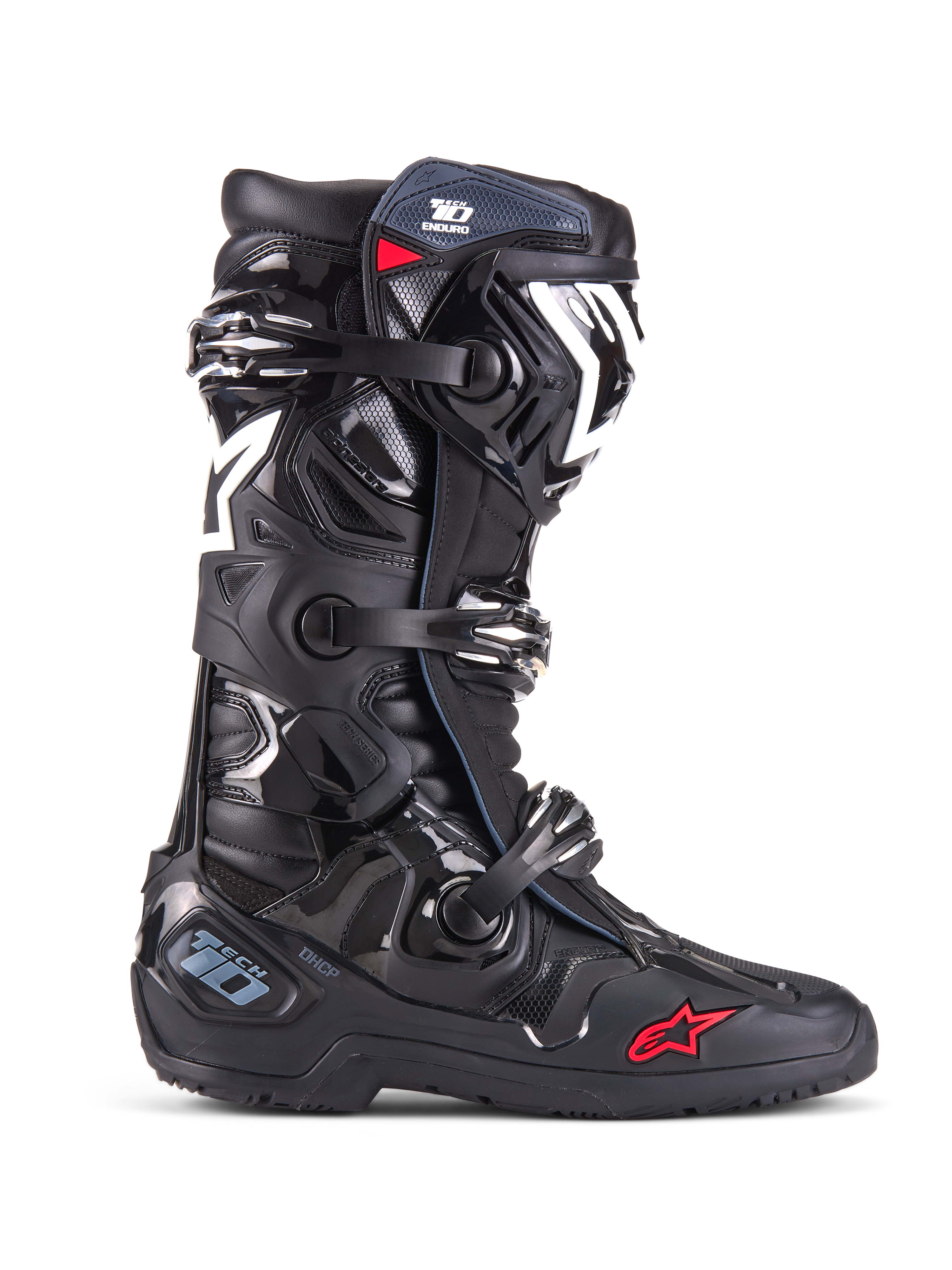 Stivali Alpinestars Tech 10 Enduro, stivali da motocross e fuoristrada, nero con accenti bianchi e rossi, sistema di chiusura a tre fibbie, parastinchi e protezione tallone in TPU, suola enduro robusta, iconico logo a stella, protezione racing premium