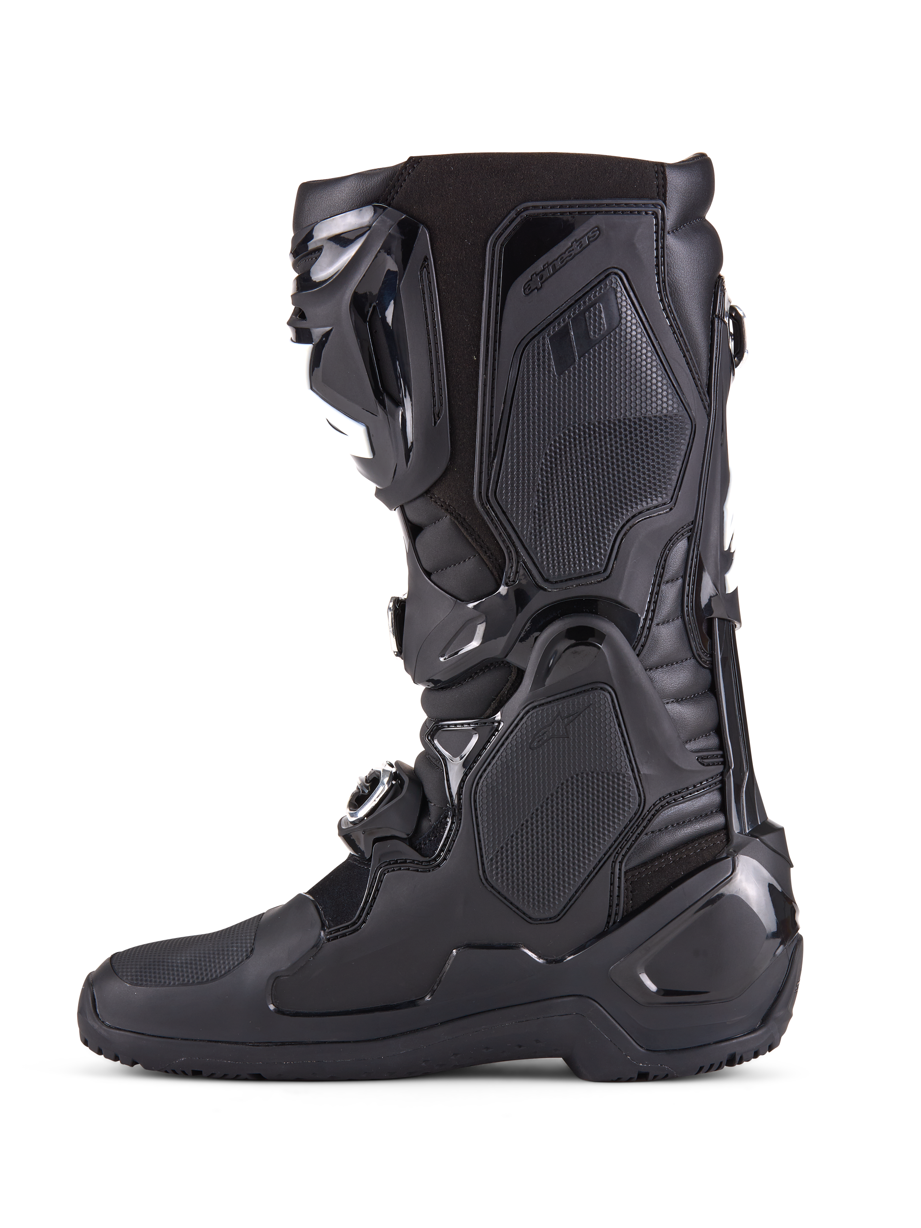 Alpinestars Tech 10 Enduro Boots, stivali da motocross ad alte prestazioni, nero, vista laterale con pannelli protettivi in TPU resistenti, sistema di chiusura a tripla fibbia e controllo avanzato della flessione per gare off-road