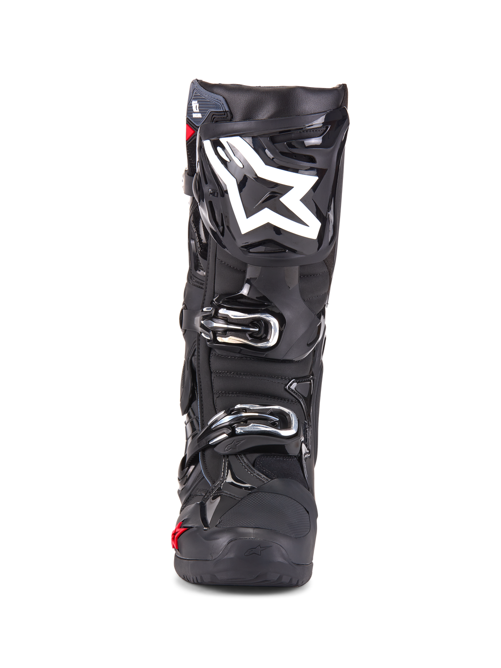Alpinestars Tech 10 Enduro Boots, stivali da motocross, nero, vista frontale con logo a stella bianco sullo stinco, fibbie argentate, finitura nera lucida con pannelli protettivi robusti, calzature ad alte prestazioni per la guida fuoristrada