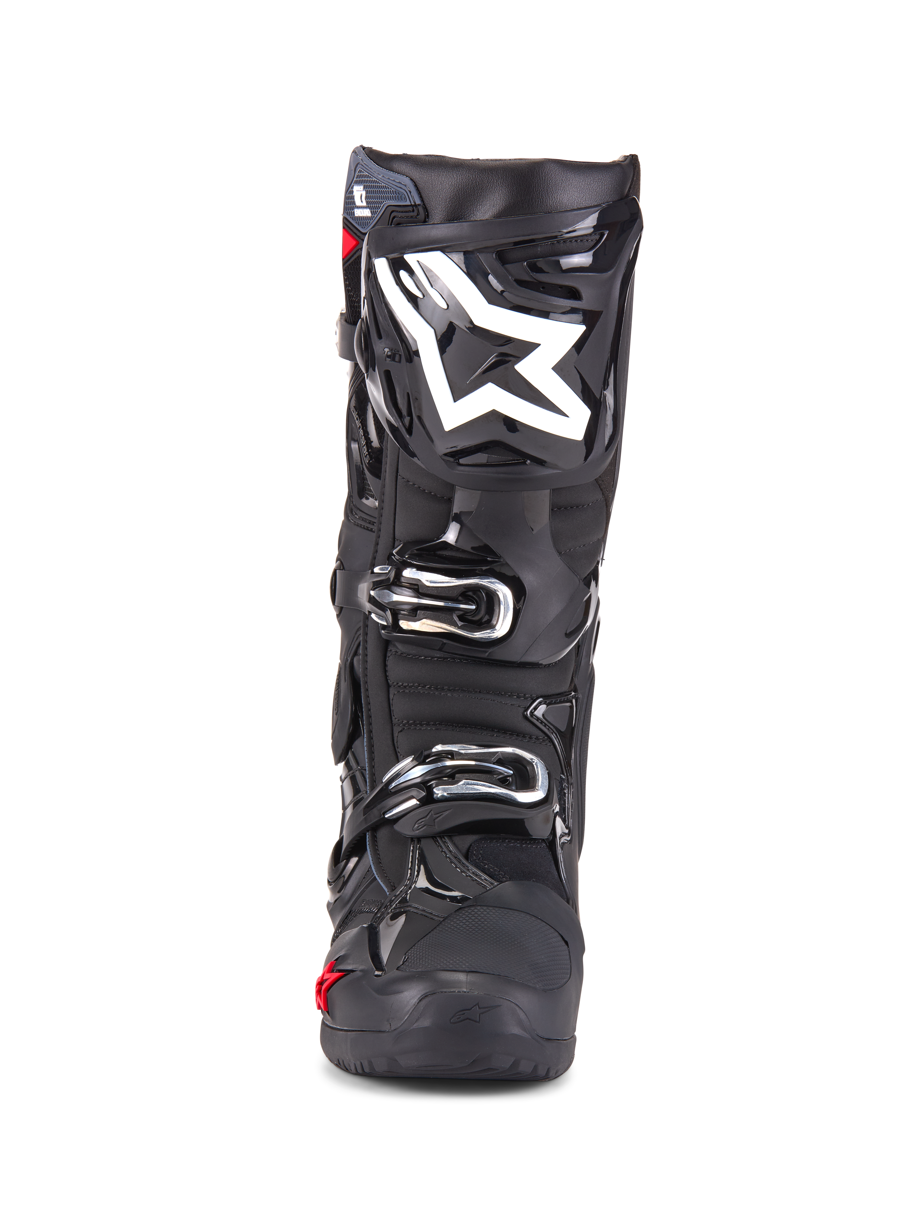 Alpinestars Tech 10 Enduro Boots, stivali da motocross, nero, vista frontale con logo a stella bianco sullo stinco, fibbie argentate, finitura nera lucida con pannelli protettivi robusti, calzature ad alte prestazioni per la guida fuoristrada
