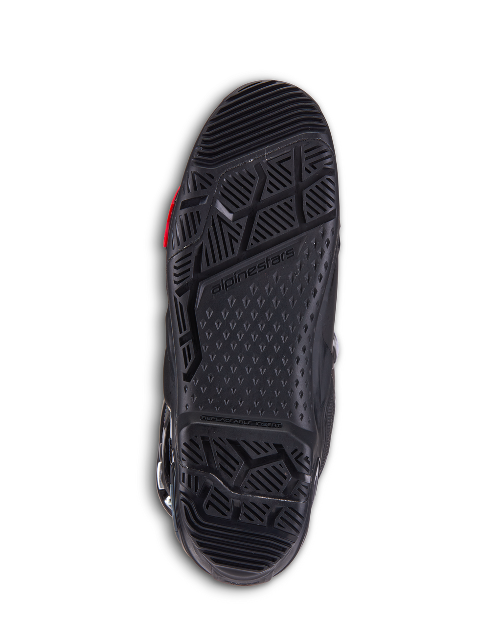 Stivali Alpinestars Tech 10 Enduro, stivali da motocross neri, vista dettagliata della suola bi-composto con battistrada aggressivo, marchio Alpinestars e inserto sostituibile per prestazioni fuoristrada