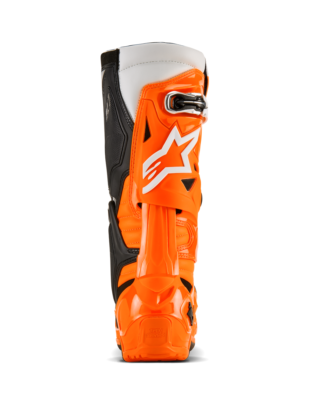 Stivali Alpinestars Tech 10 Enduro, vista posteriore, arancione fluo nero bianco, guscio protettivo in TPU arancione vivace, logo Alpinestars bianco, pannelli laterali neri e protezione del tallone specializzata per la guida fuoristrada