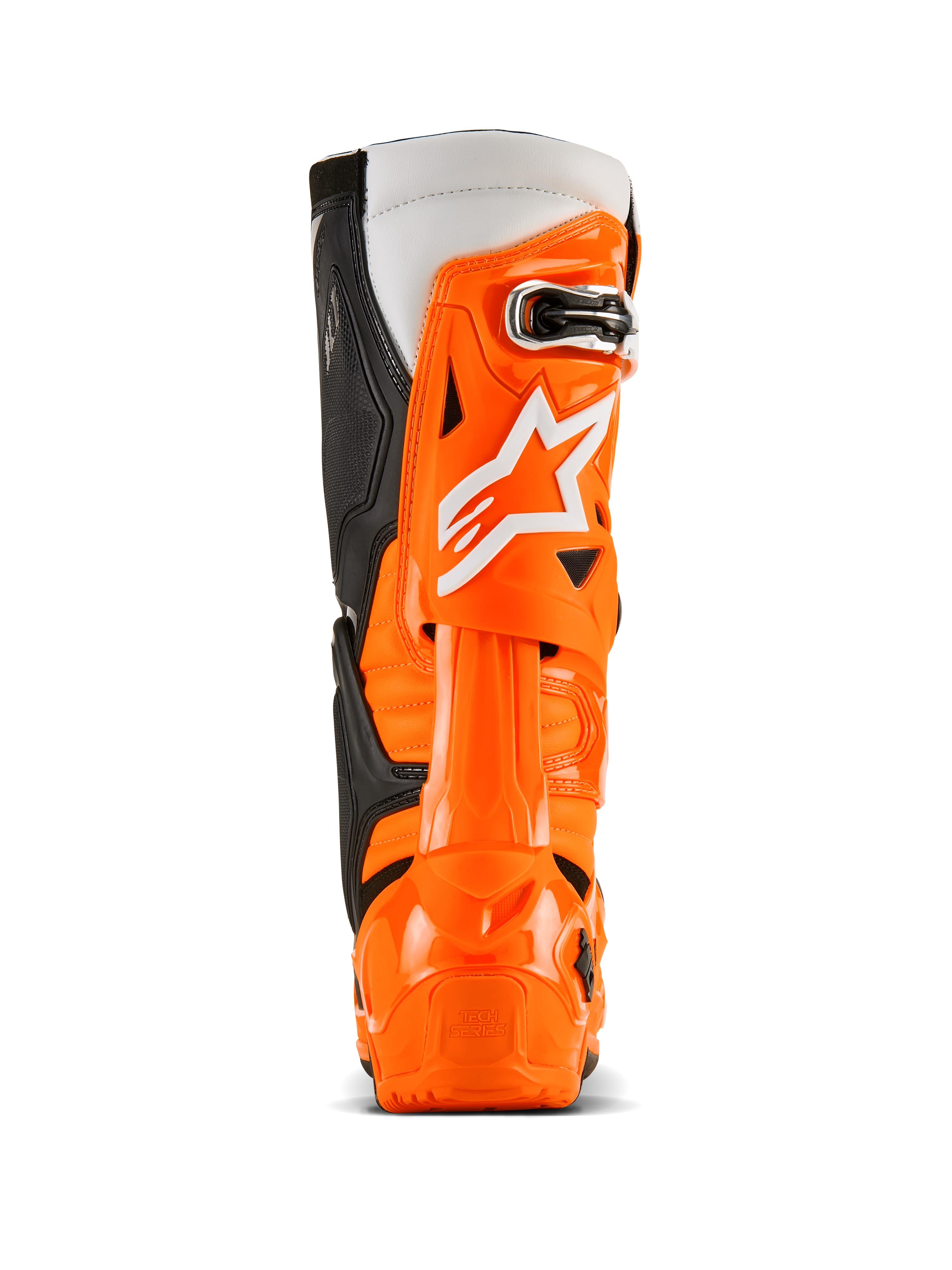 Stivali Alpinestars Tech 10 Enduro, vista posteriore, arancione fluo nero bianco, guscio protettivo in TPU arancione vivace, logo Alpinestars bianco, pannelli laterali neri e protezione del tallone specializzata per la guida fuoristrada