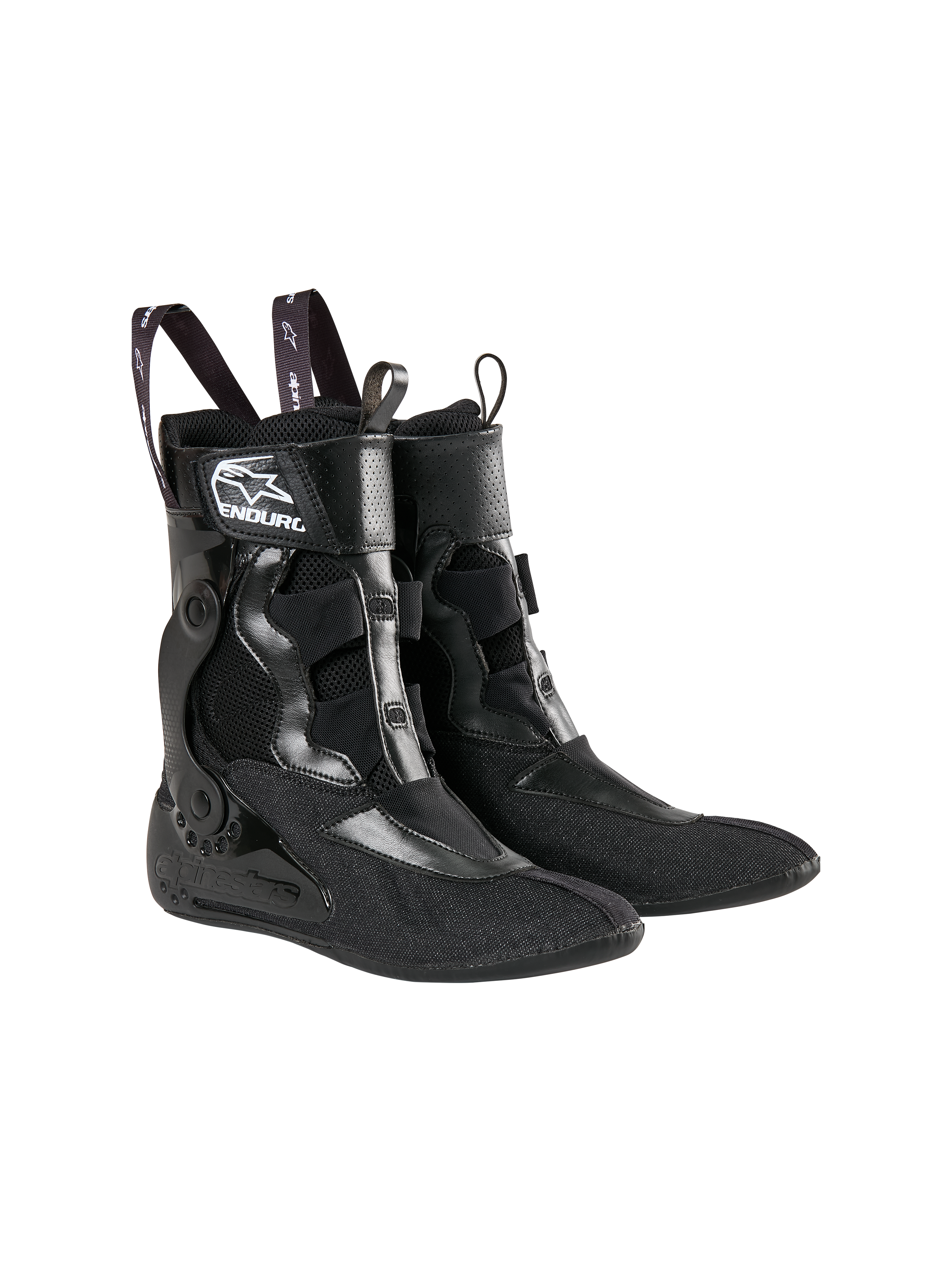 Scarpette interne Alpinestars Tech 10 Enduro, nero, realizzate in tessuto e mesh, con logo Alpinestars bianco e scritta 'ENDURO', linguette con logo a stella e struttura con tutore interno per la caviglia per prestazioni motocross.