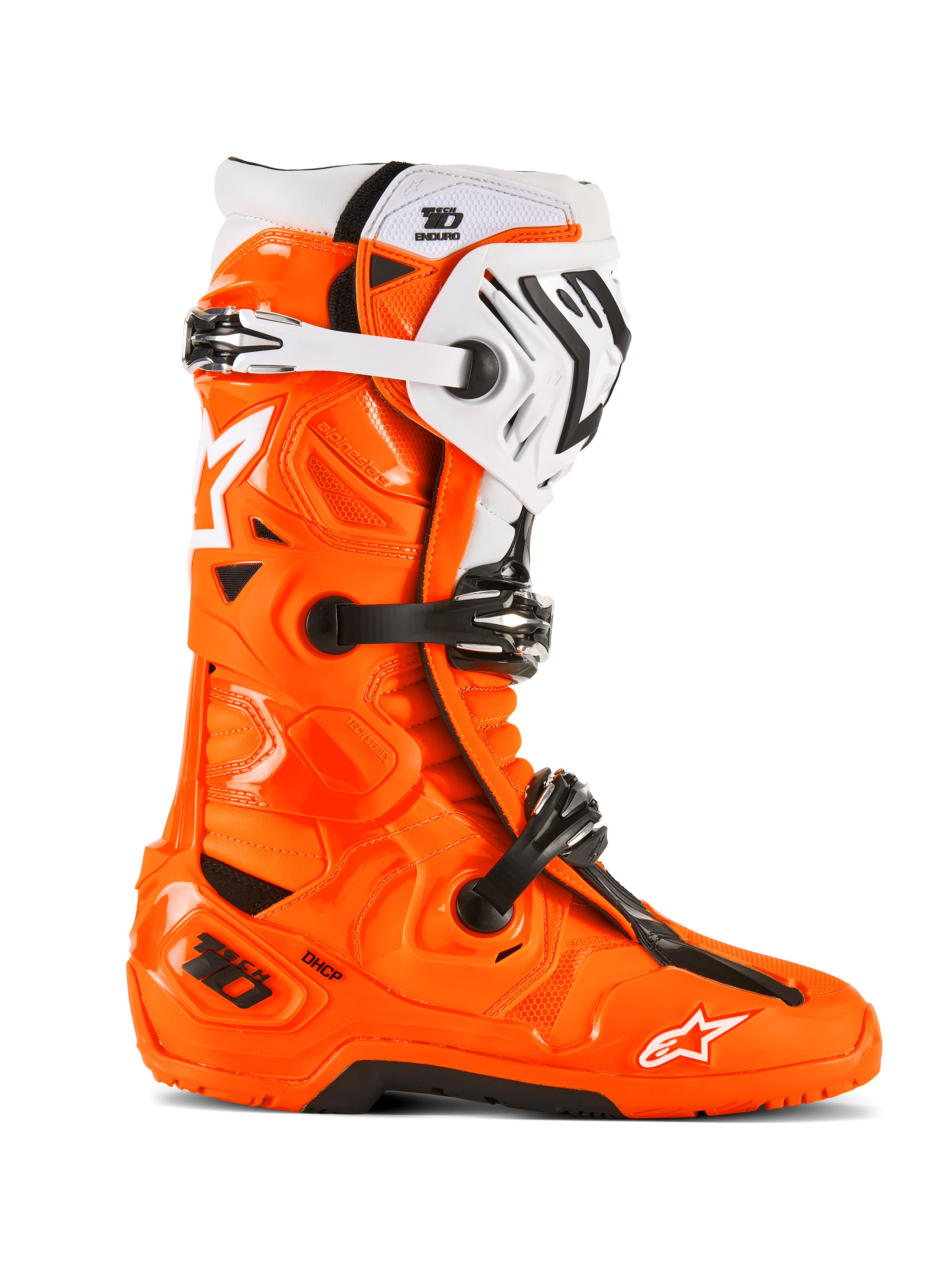Alpinestars Tech 10 Enduro Boots, stivali da motocross e fuoristrada, arancione fluo con dettagli neri e bianchi, vista laterale con sistema di chiusura a tripla fibbia, suola nera robusta e struttura protettiva in TPU per l'enduro.