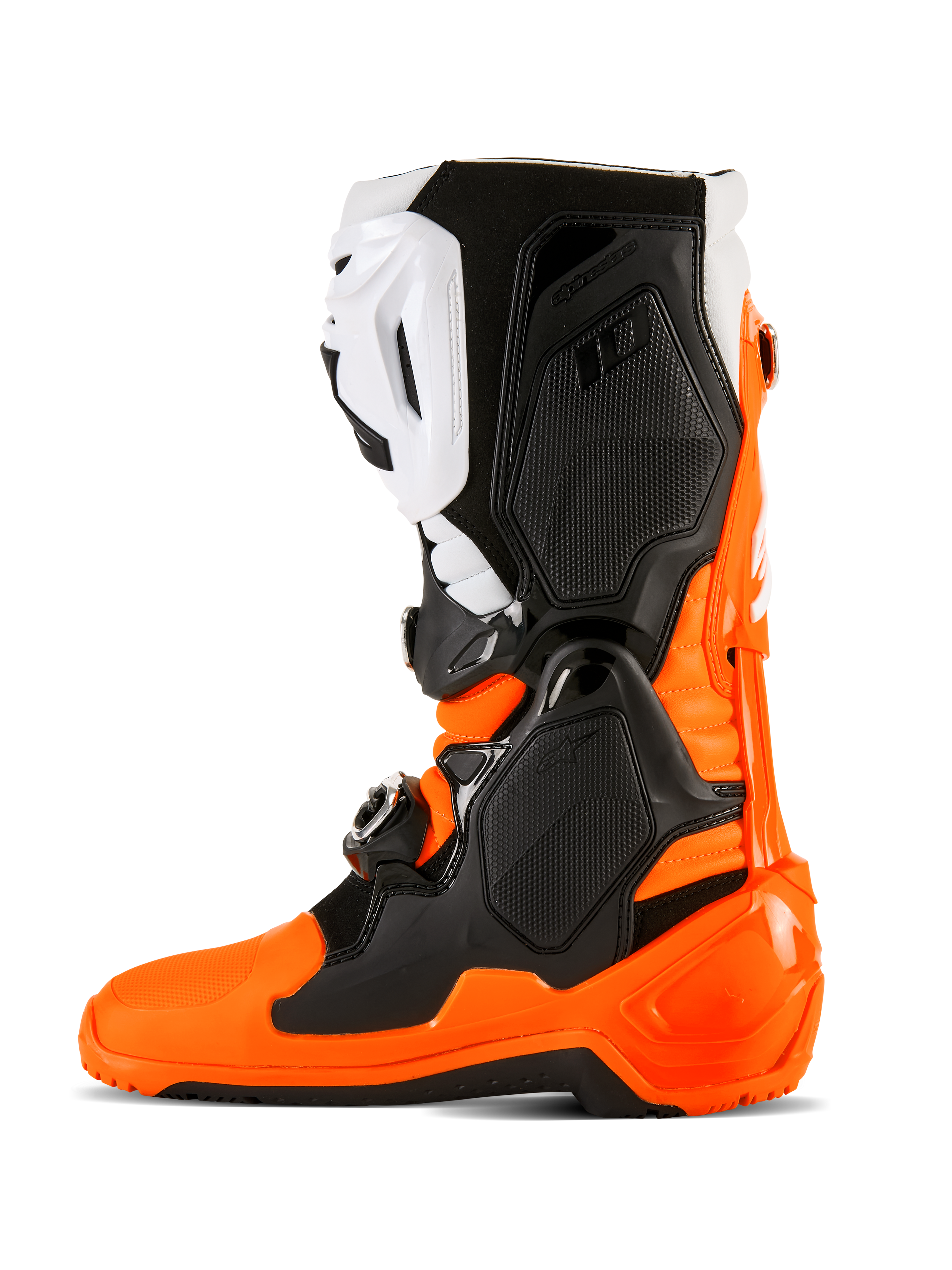 Stivali Alpinestars Tech 10 Enduro, arancione fluo, nero e bianco, calzature per motocross e off-road ad alte prestazioni con sistema di chiusura a tre fibbie, pannelli protettivi in TPU e suola Enduro a doppia mescola per una maggiore aderenza