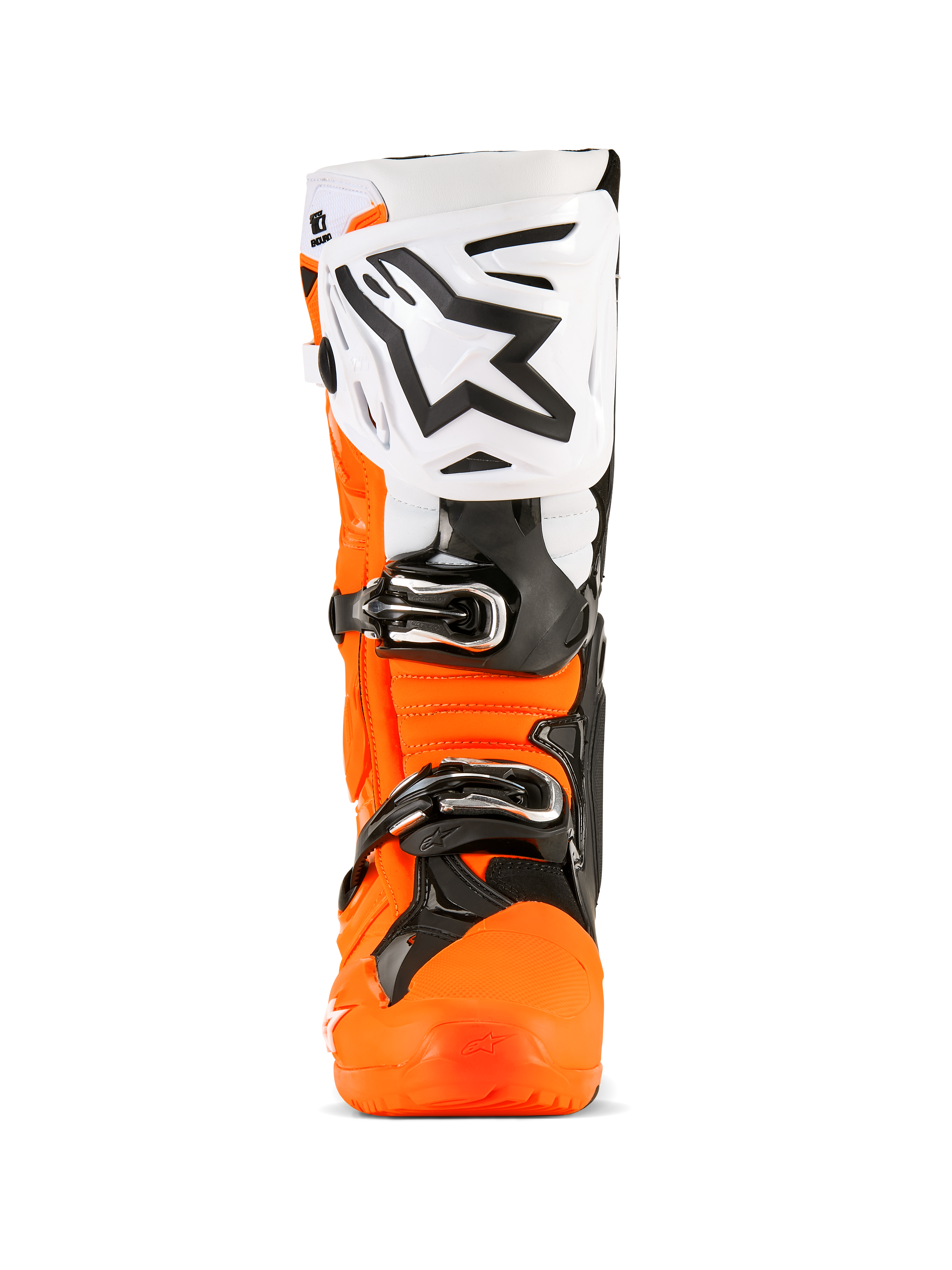 Stivali Alpinestars Tech 10 Enduro, stivali da motocross, arancione fluo, nero e bianco, vista frontale con ampia piastra tibiale bianca e logo Alpinestars nero, fibbie nere e robusta protezione arancione