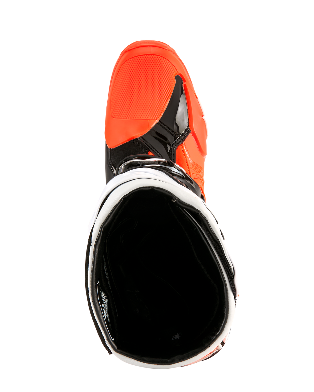 Stivali Alpinestars Tech 10 Enduro, arancione fluo, nero e bianco, vista dall'alto verso l'interno dell'apertura dello stivale, fodera nera e zona della punta arancione brillante, calzature professionali da moto fuoristrada