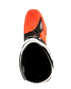 Stivali Alpinestars Tech 10 Enduro, arancione fluo, nero e bianco, vista dall'alto verso l'interno dell'apertura dello stivale, fodera nera e zona della punta arancione brillante, calzature professionali da moto fuoristrada