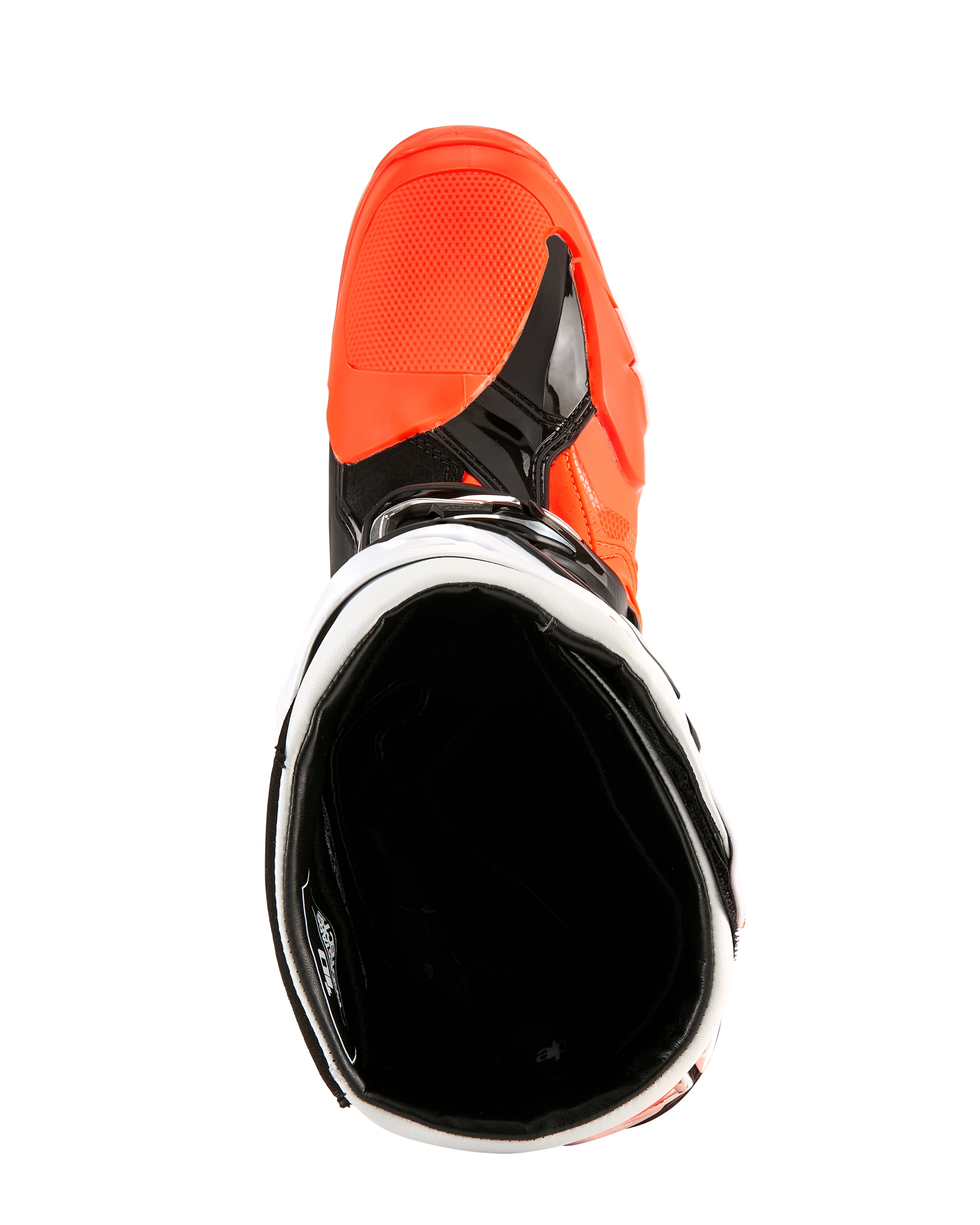 Stivali Alpinestars Tech 10 Enduro, arancione fluo, nero e bianco, vista dall'alto verso l'interno dell'apertura dello stivale, fodera nera e zona della punta arancione brillante, calzature professionali da moto fuoristrada