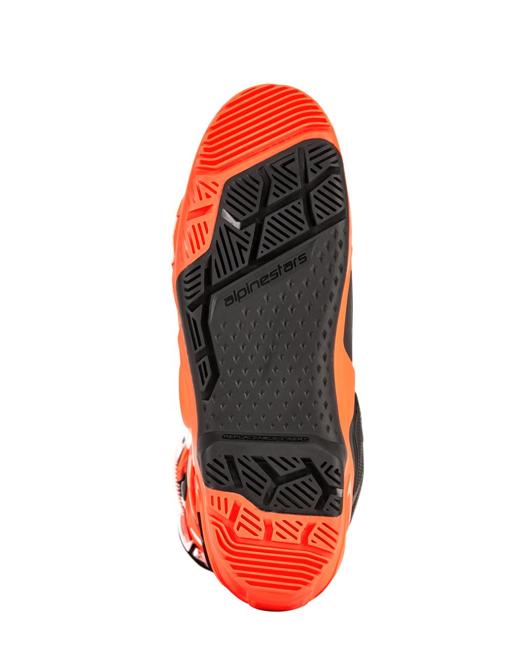 Stivali Alpinestars Tech 10 Enduro, vista dettagliata della suola, arancione fluo e nero, battistrada bi-composto con motivi geometrici ad alta aderenza, inserto pedana sostituibile per prestazioni fuoristrada